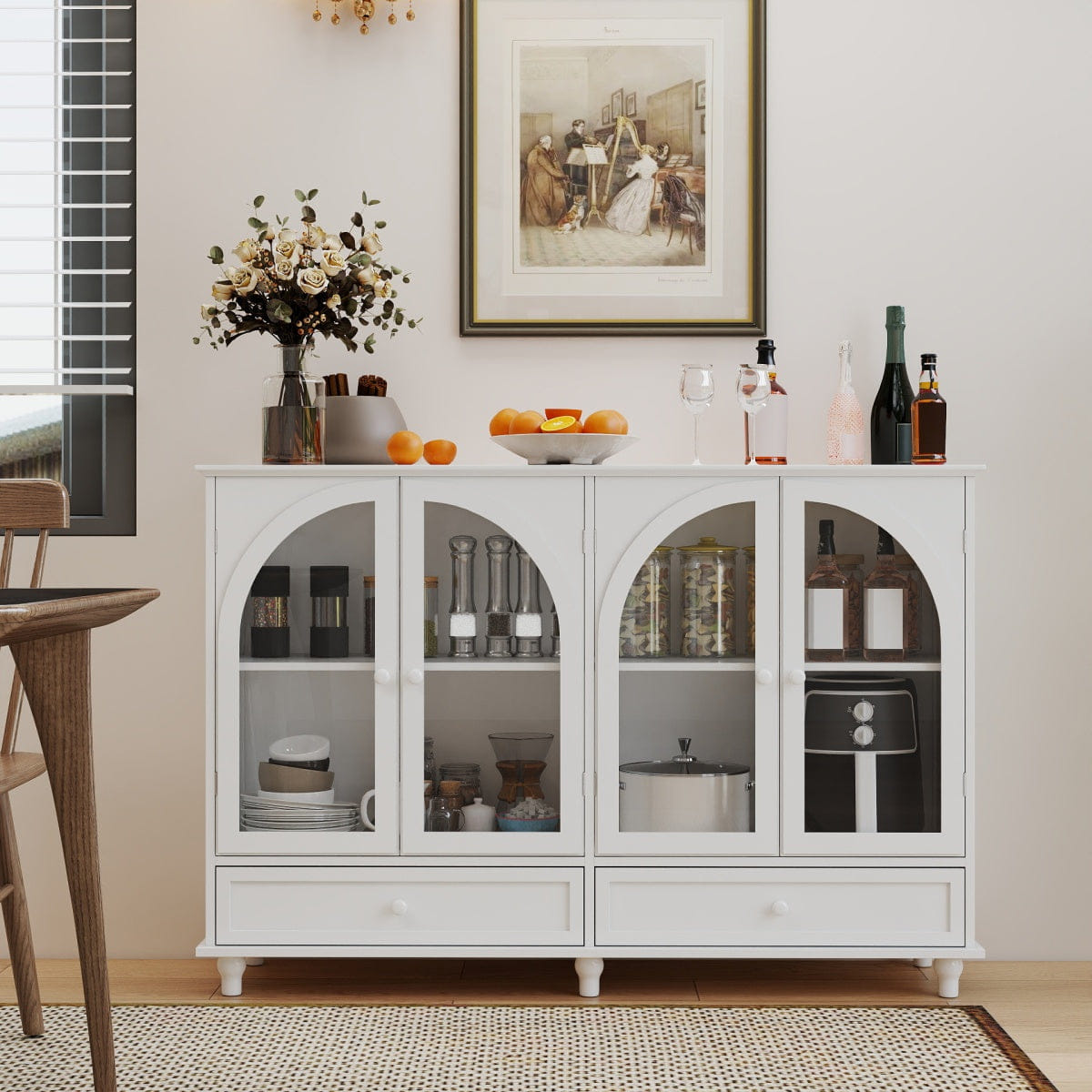 WHITE* Streamdale White Arched Glass Sideboard Buffet Cabinet with 2 Drawers & 4 Doors