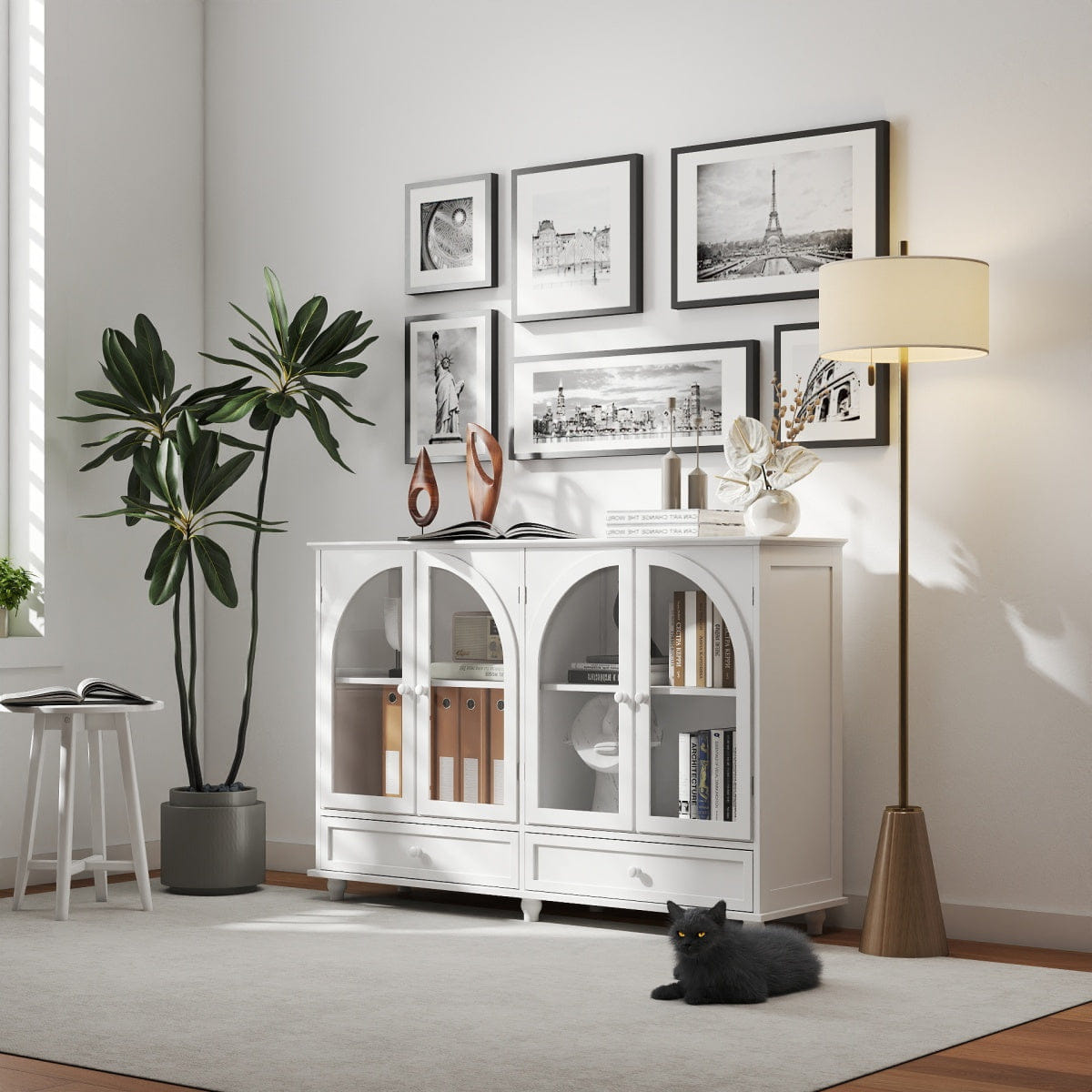 WHITE* Streamdale White Arched Glass Sideboard Buffet Cabinet with 2 Drawers & 4 Doors