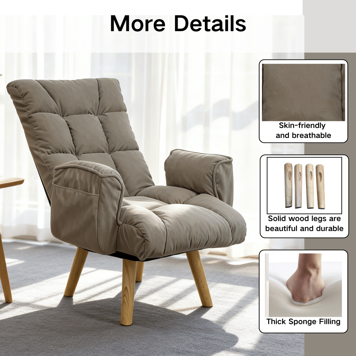 !SOLID Streamdale Lambswool Adjustable Lazy Sofa Lounge Chair with Solid Wood Legs