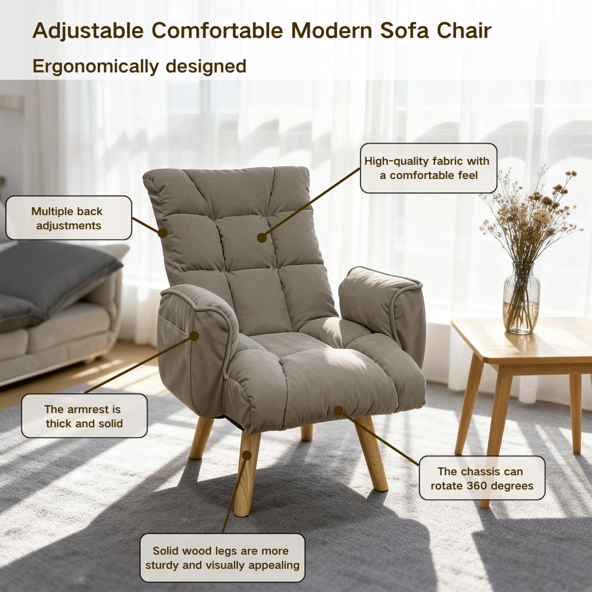 !SOLID Streamdale Lambswool Adjustable Lazy Sofa Lounge Chair with Solid Wood Legs