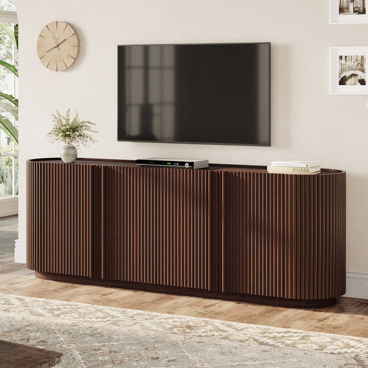 WOOD Streamdale Mid Century Wood Grain TV Stand for TVs up to 70" with Fluted Door