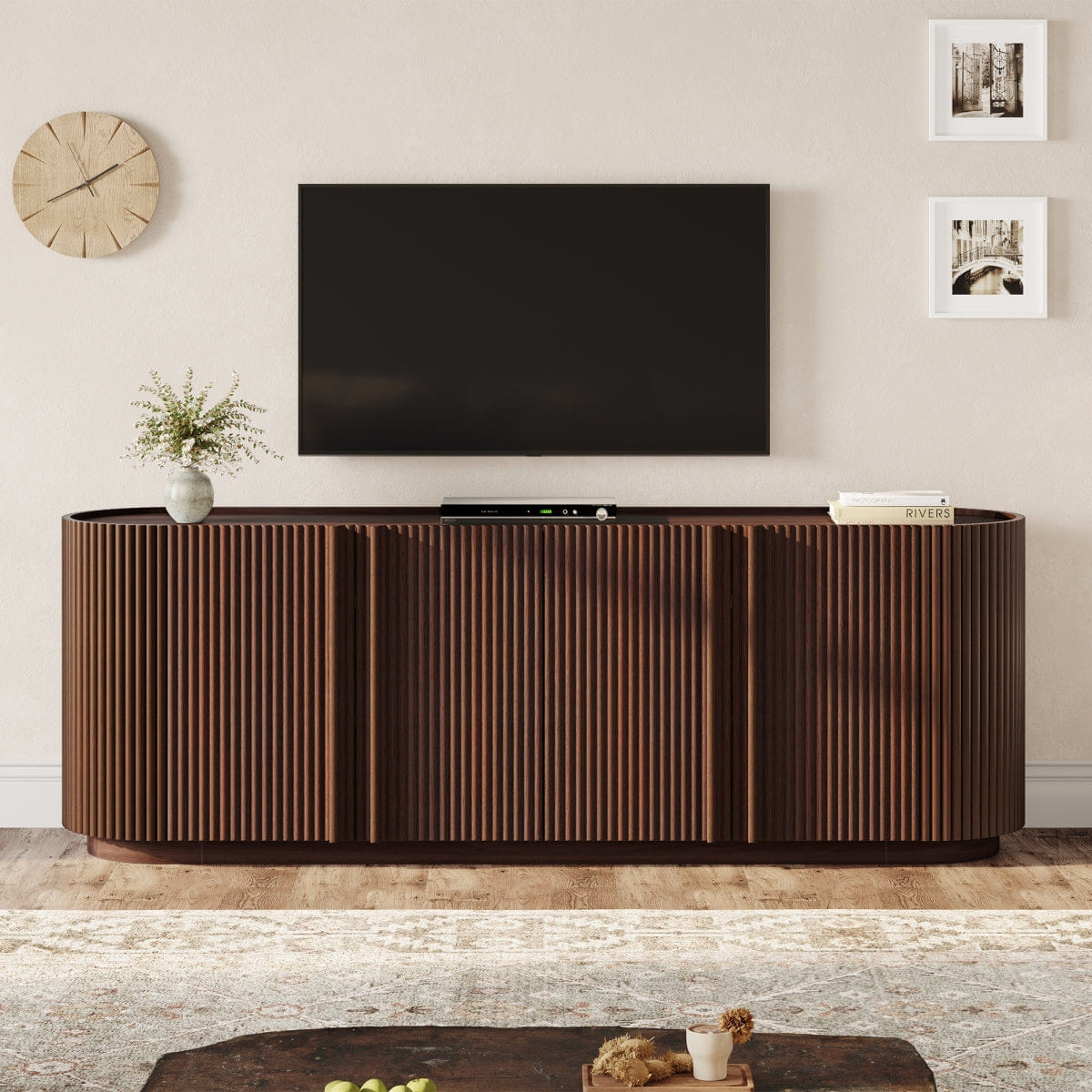 WOOD Streamdale Mid Century Wood Grain TV Stand for TVs up to 70" with Fluted Door