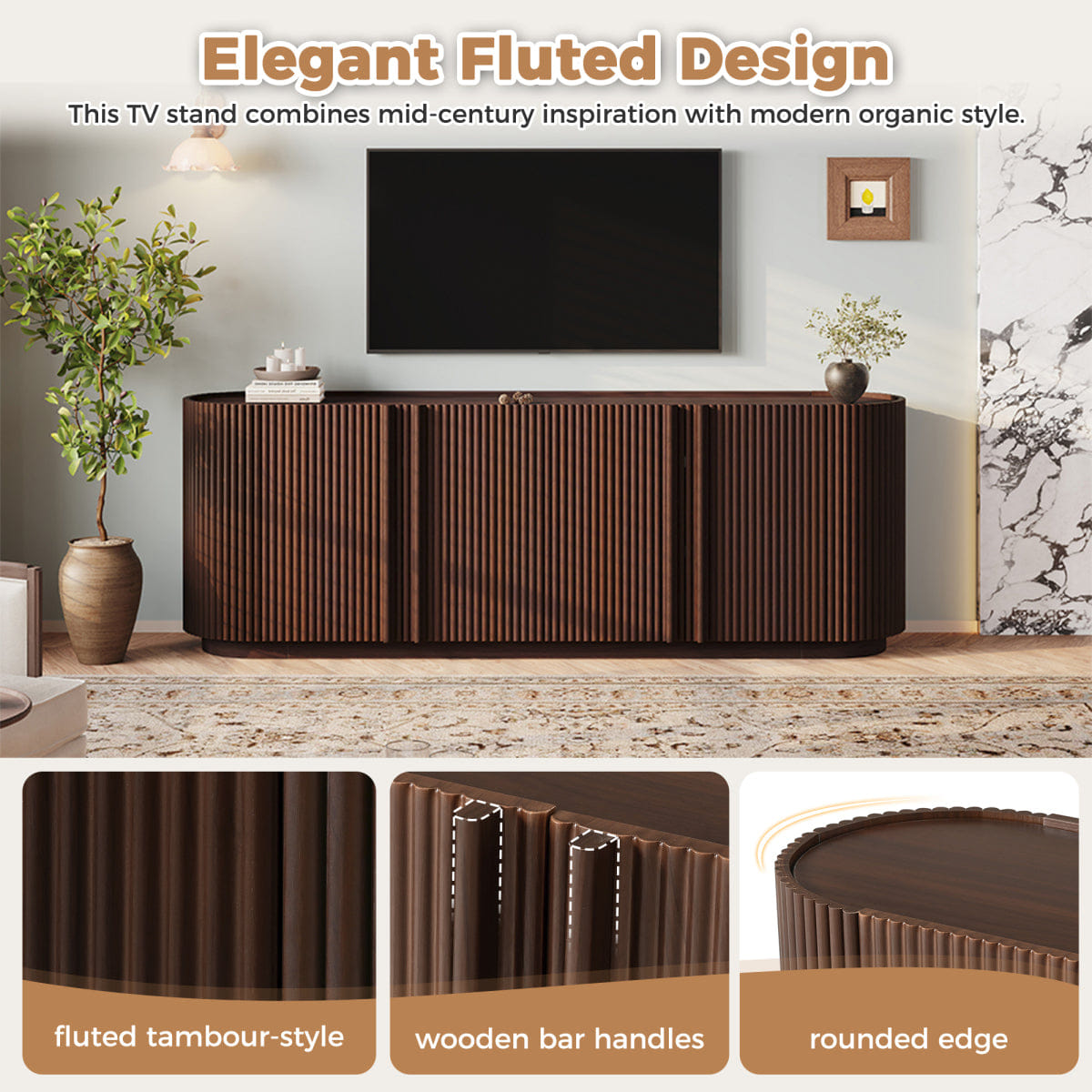 WOOD Streamdale Mid Century Wood Grain TV Stand for TVs up to 70" with Fluted Door
