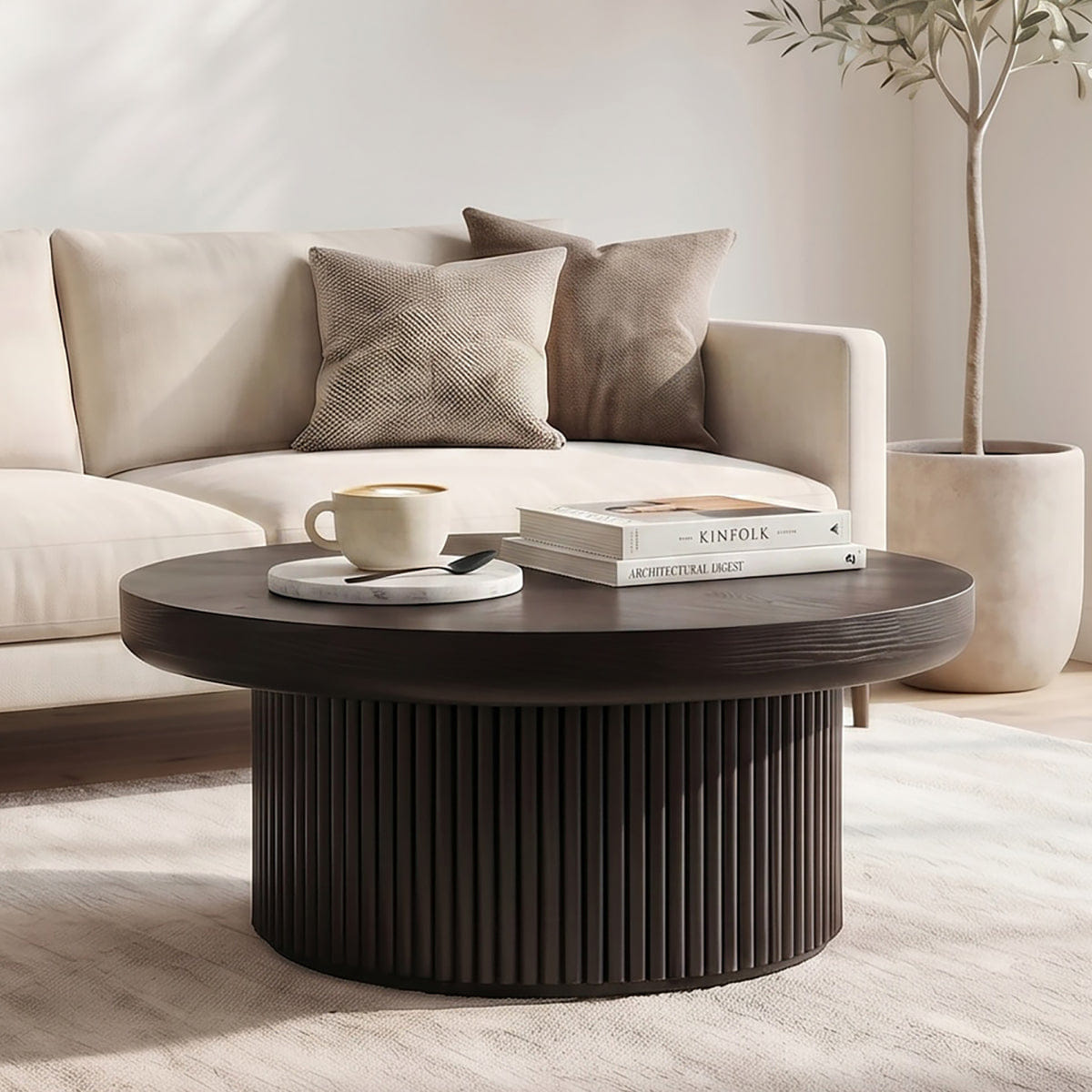 WOOD Streamdale 33.5" Round Fluted Wood Parquet Coffee Table, Mid - Century Modern Cocktail Table