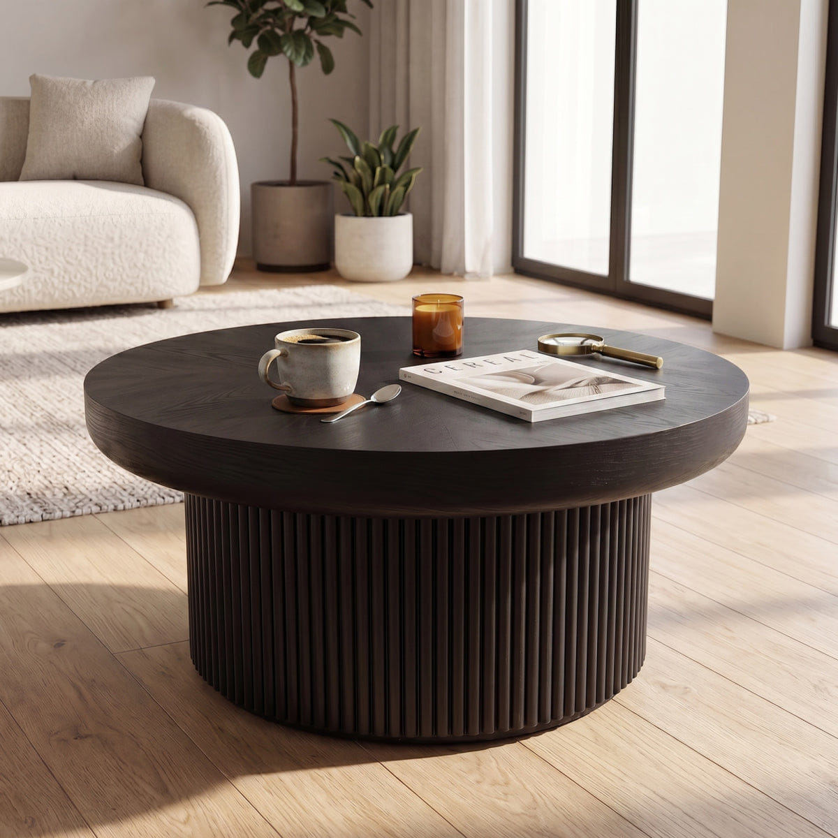 WOOD Streamdale 33.5" Round Fluted Wood Parquet Coffee Table, Mid - Century Modern Cocktail Table