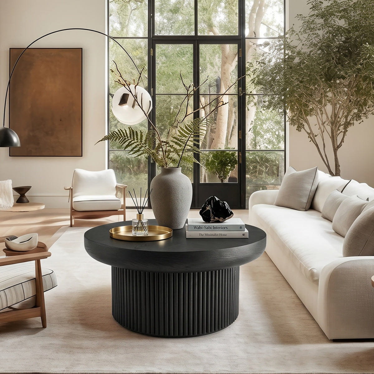 WOOD Streamdale 33.5" Round Fluted Wood Parquet Coffee Table, Mid - Century Modern Cocktail Table