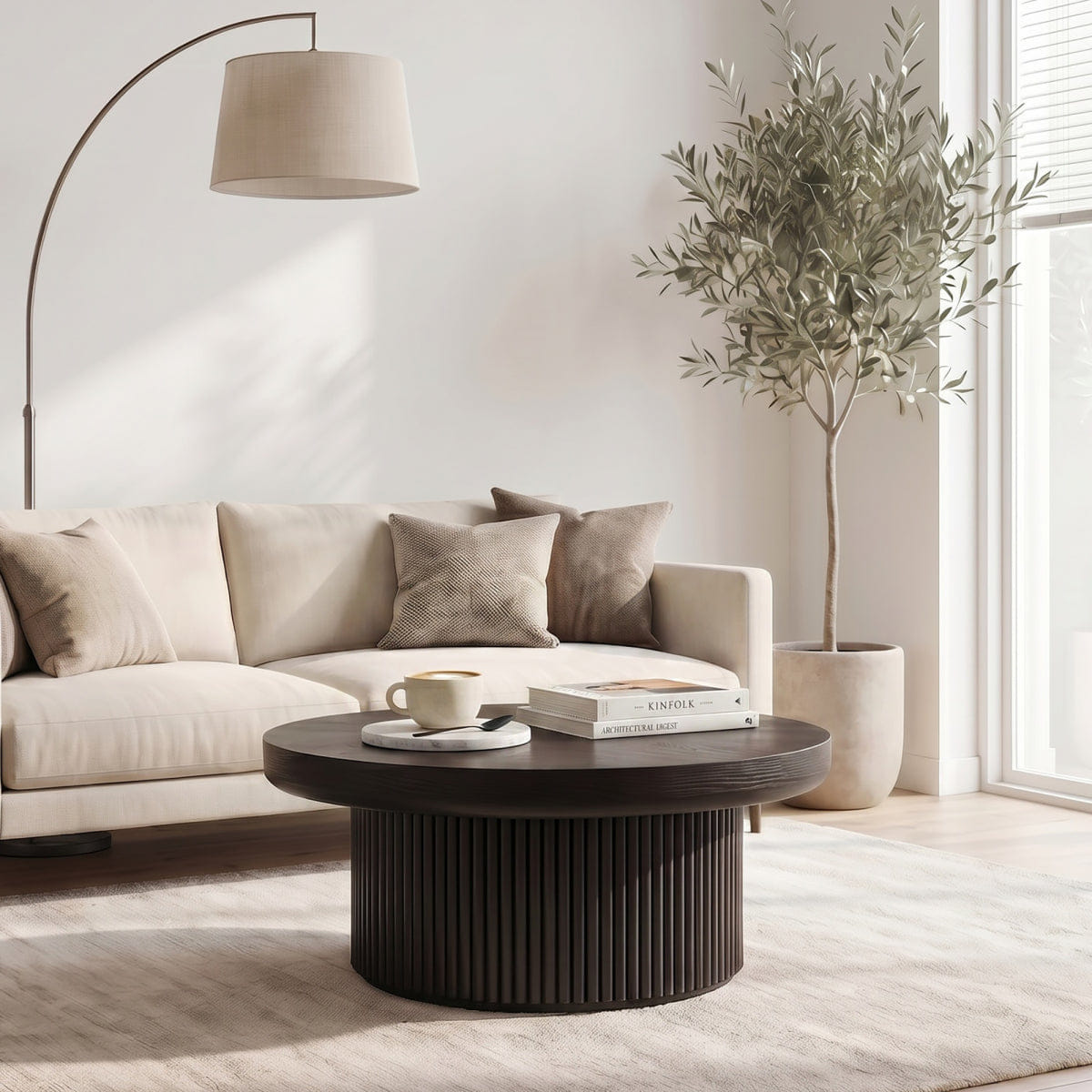 WOOD Streamdale 33.5" Round Fluted Wood Parquet Coffee Table, Mid - Century Modern Cocktail Table