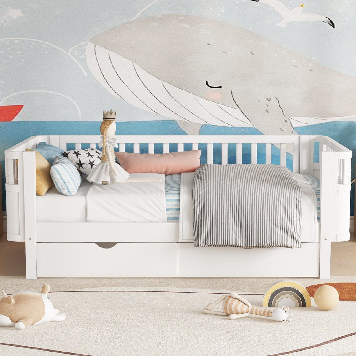 Rails Streamdale Twin Size Wood Platform Bed with Rails for Kids, White