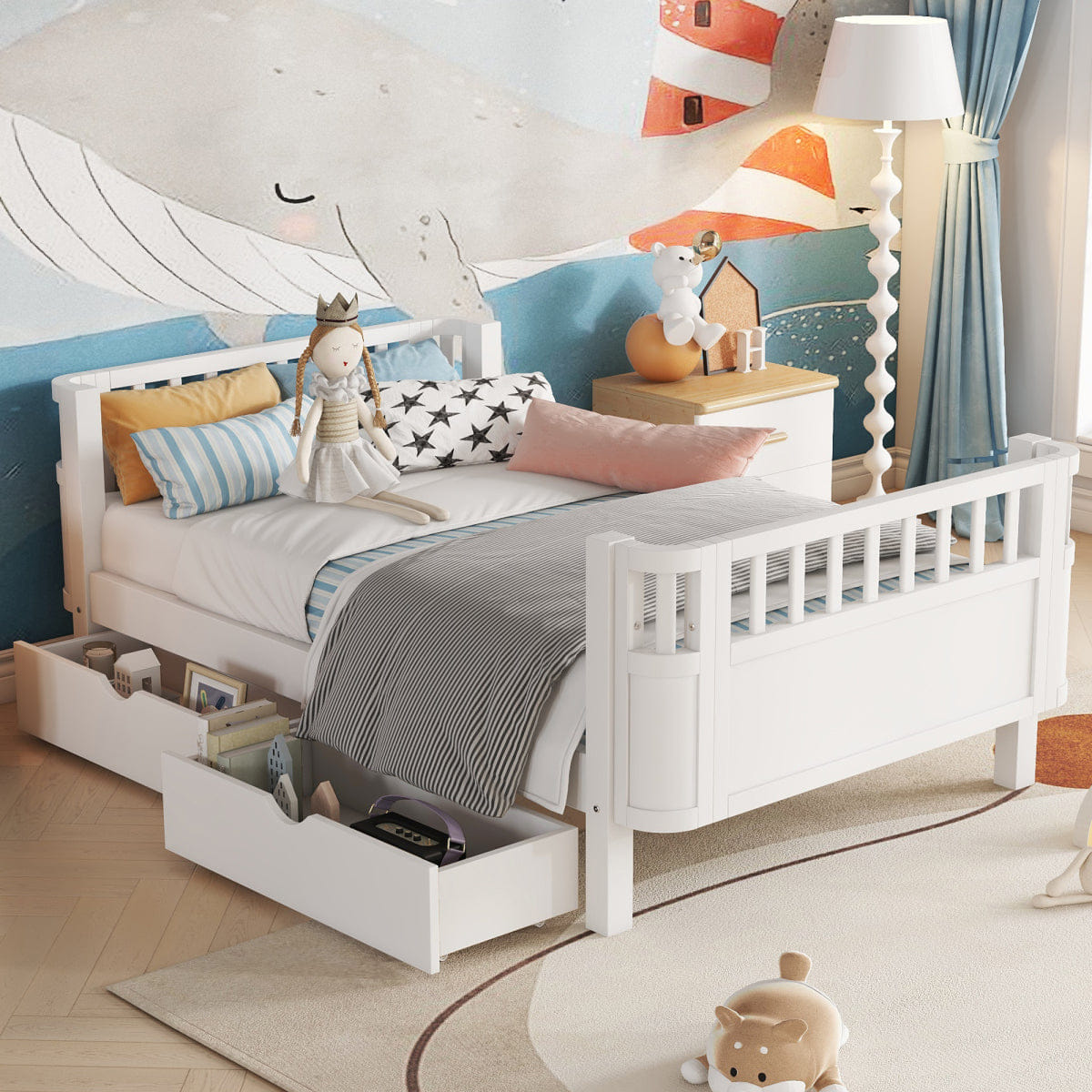 Rails Streamdale Twin Size Wood Platform Bed with Rails for Kids, White