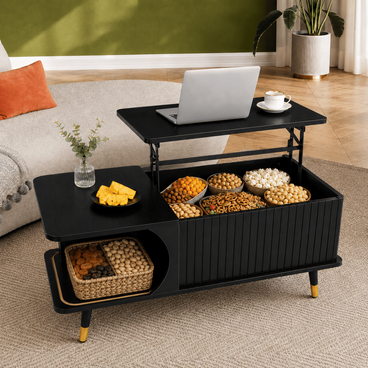 Hidden Streamdale Wood Lift Top Coffee Table with Hidden Compartment and Storage Shelf, Black