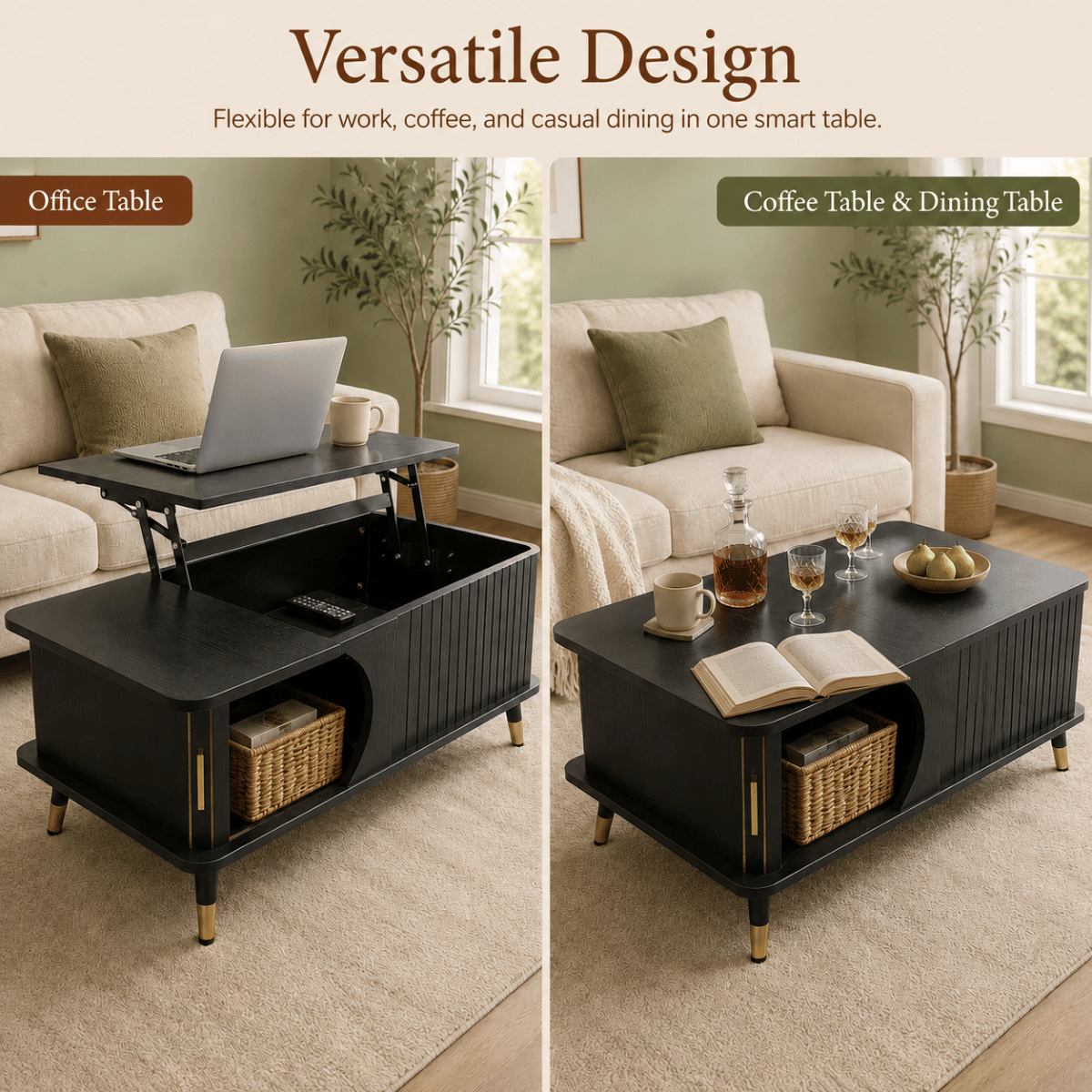 Hidden Streamdale Wood Lift Top Coffee Table with Hidden Compartment and Storage Shelf, Black