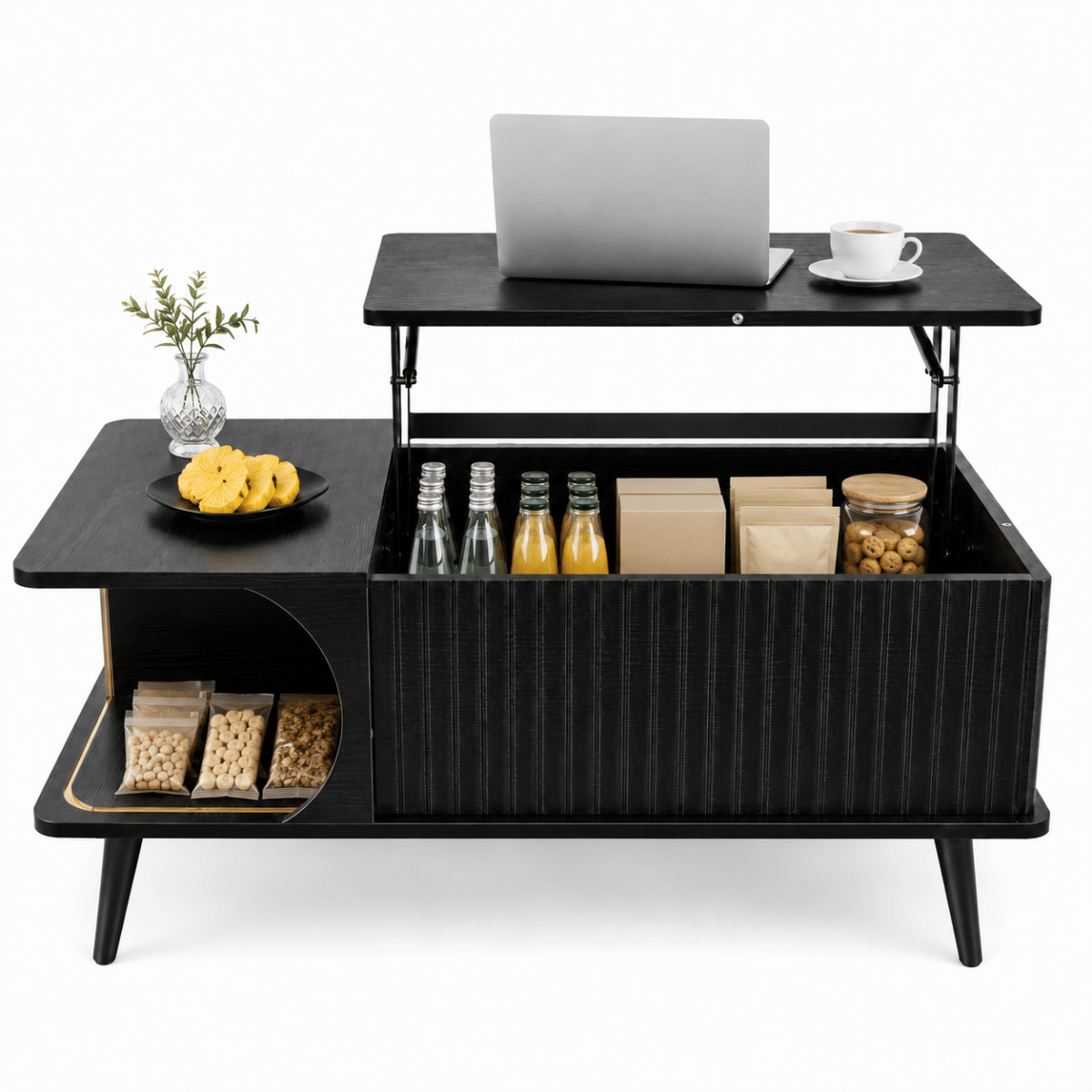 Hidden Streamdale Wood Lift Top Coffee Table with Hidden Compartment and Storage Shelf, Black