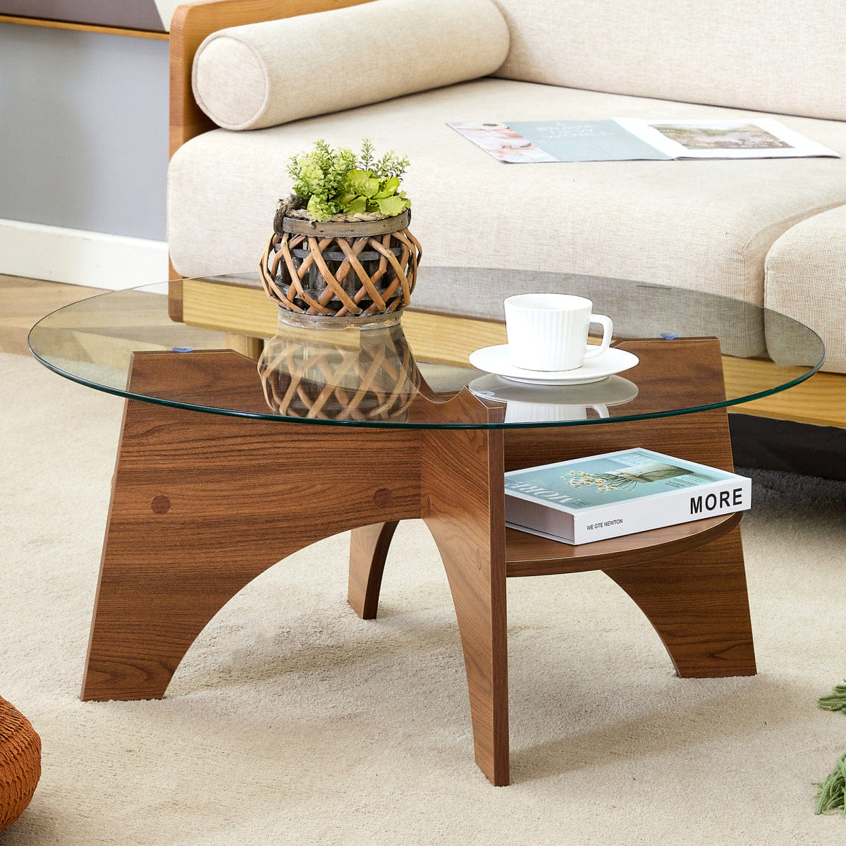 Base Streamdale Round Tempered Glass Coffee Table, Walnut Grain Pedestal Base, 31.5