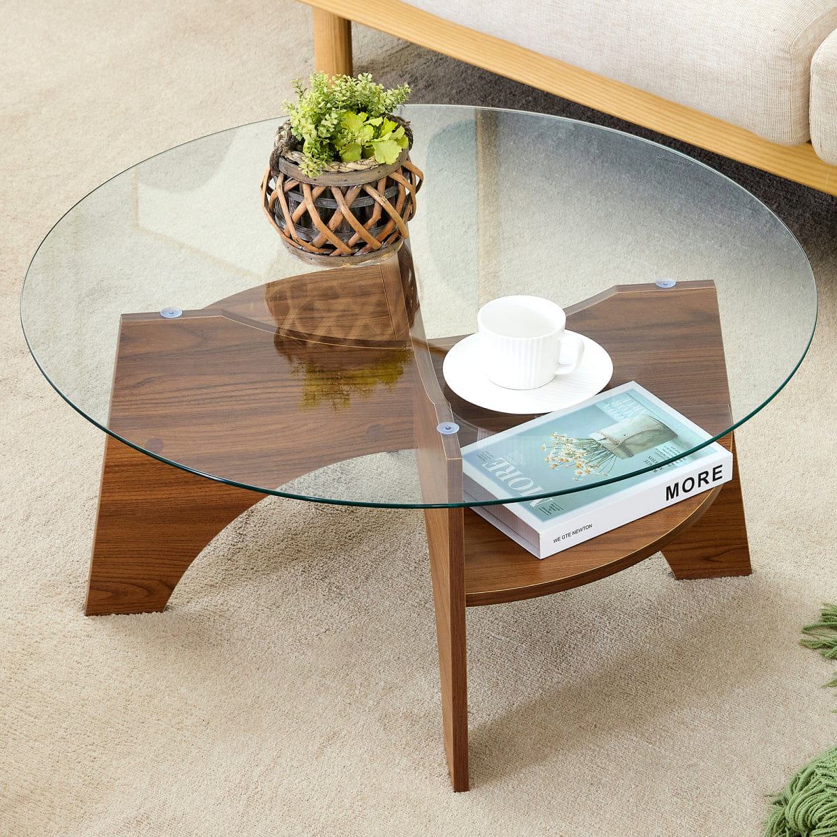 Base Streamdale Round Tempered Glass Coffee Table, Walnut Grain Pedestal Base, 31.5