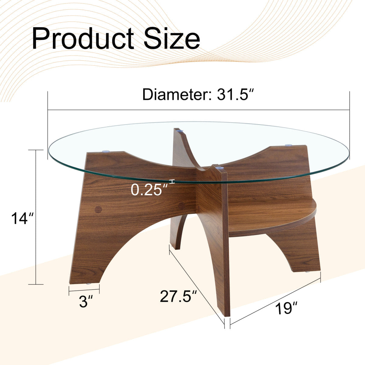 Base Streamdale Round Tempered Glass Coffee Table, Walnut Grain Pedestal Base, 31.5