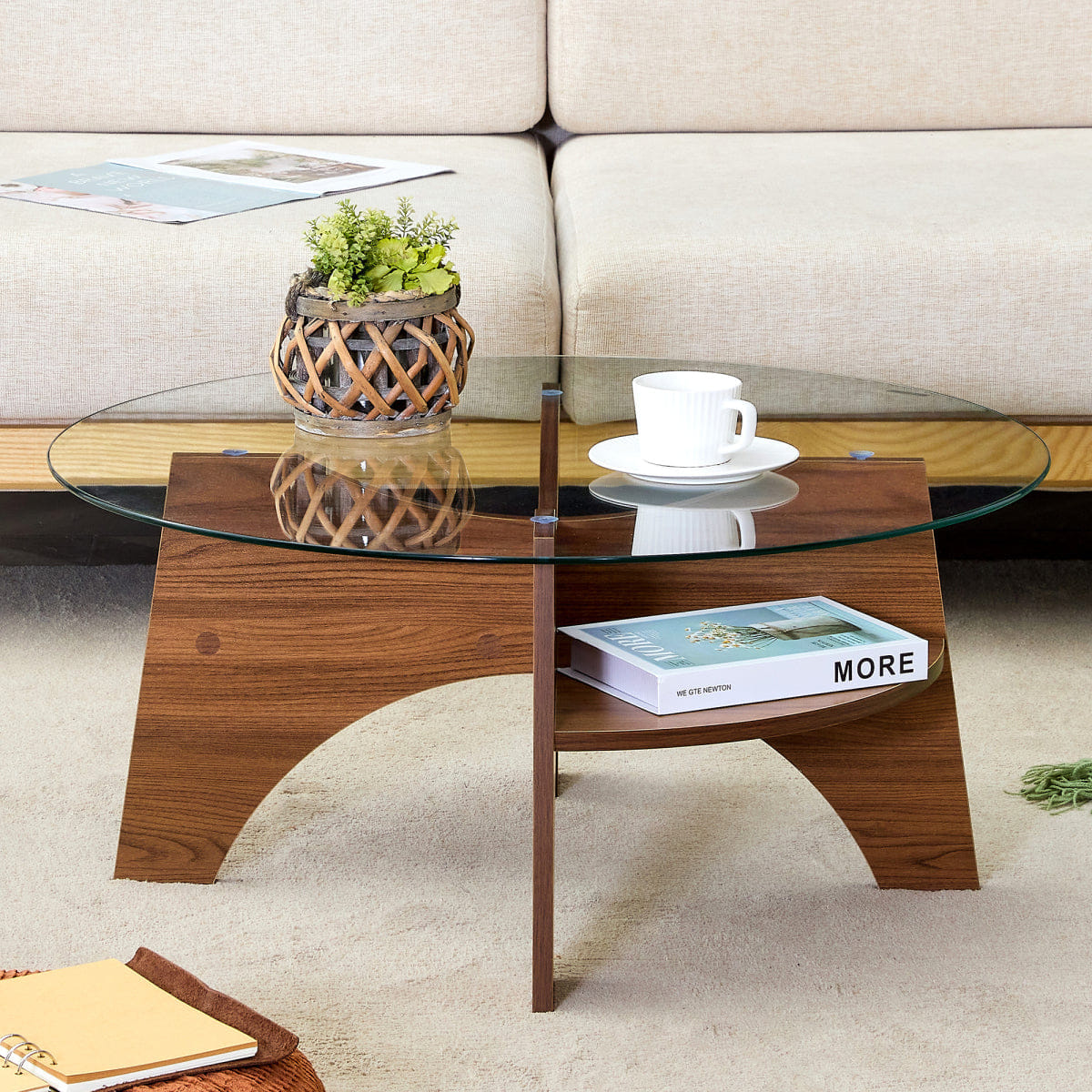 Base Streamdale Round Tempered Glass Coffee Table, Walnut Grain Pedestal Base, 31.5