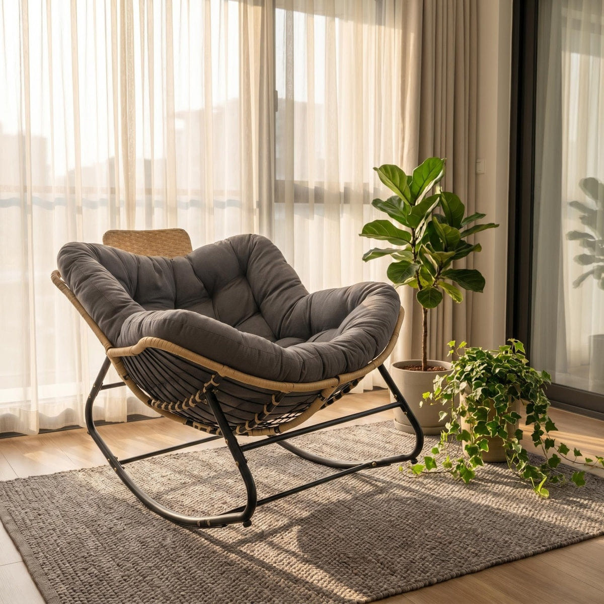 OUTDOOR Streamdale Oversized Outdoor Wicker Papasan Rocking Chair with Cushion - Dark Grey
