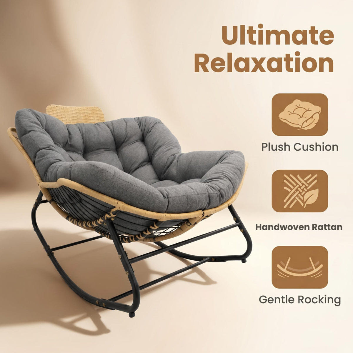 OUTDOOR Streamdale Oversized Outdoor Wicker Papasan Rocking Chair with Cushion - Dark Grey