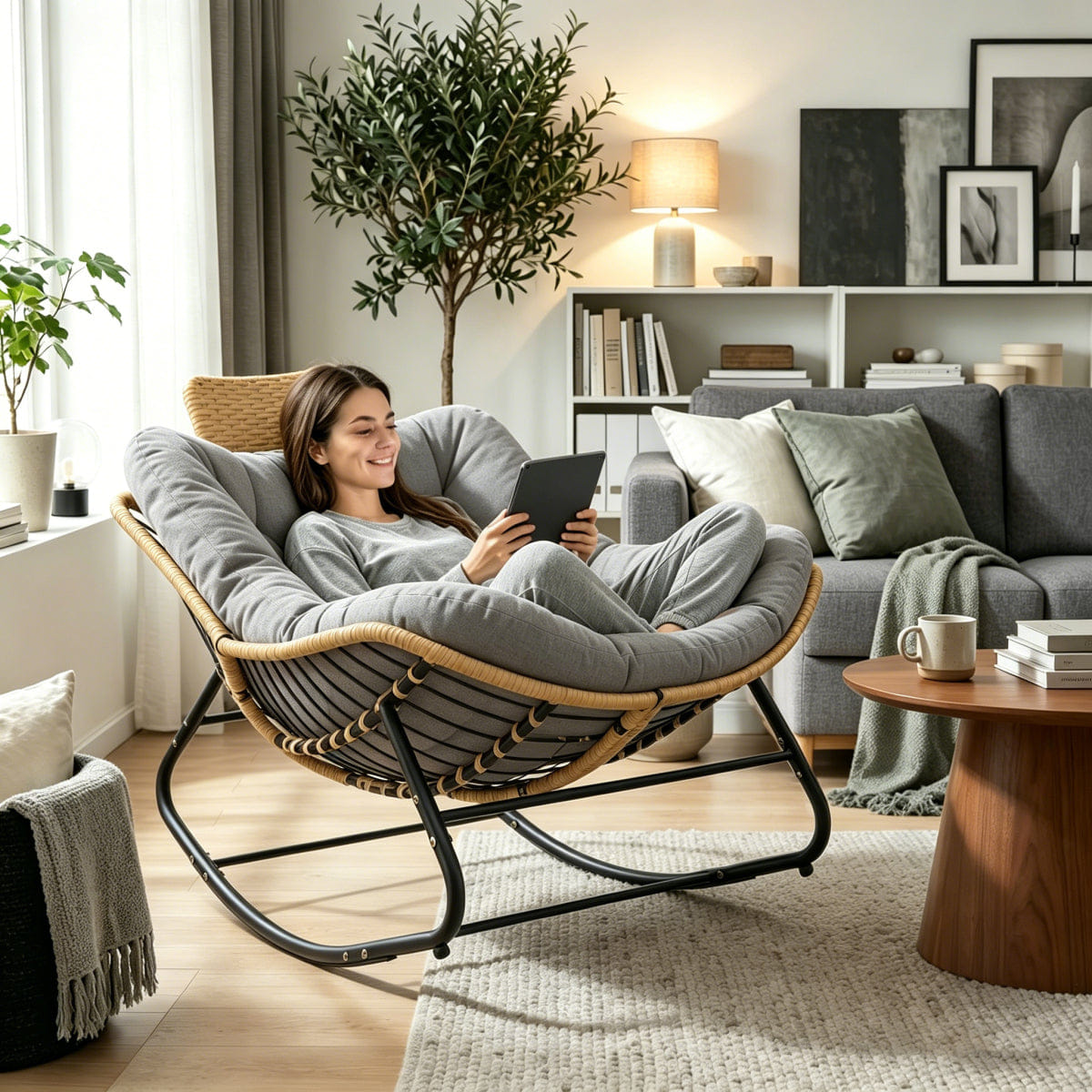 OUTDOOR Streamdale Oversized Outdoor Wicker Papasan Rocking Chair with Cushion - Dark Grey