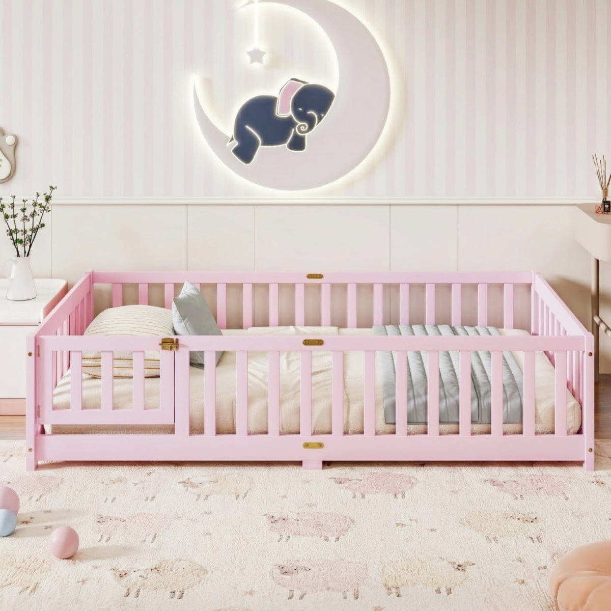 FLOOR Streamdale Twin Size Wood Floor Bed with Fence and Door, Pink