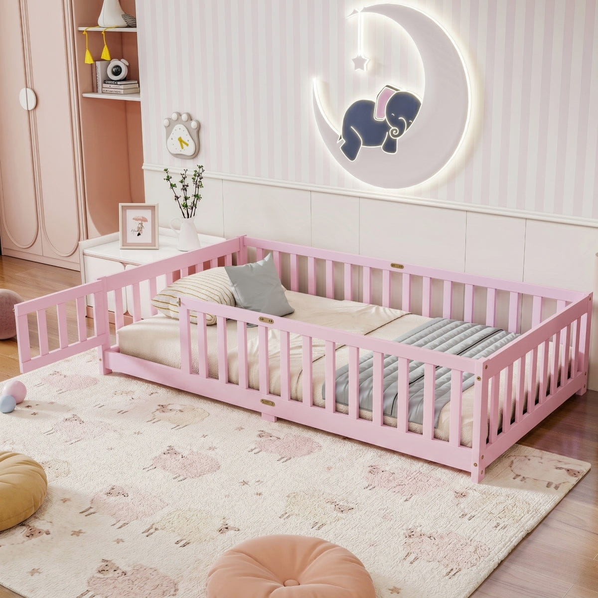 FLOOR Streamdale Twin Size Wood Floor Bed with Fence and Door, Pink