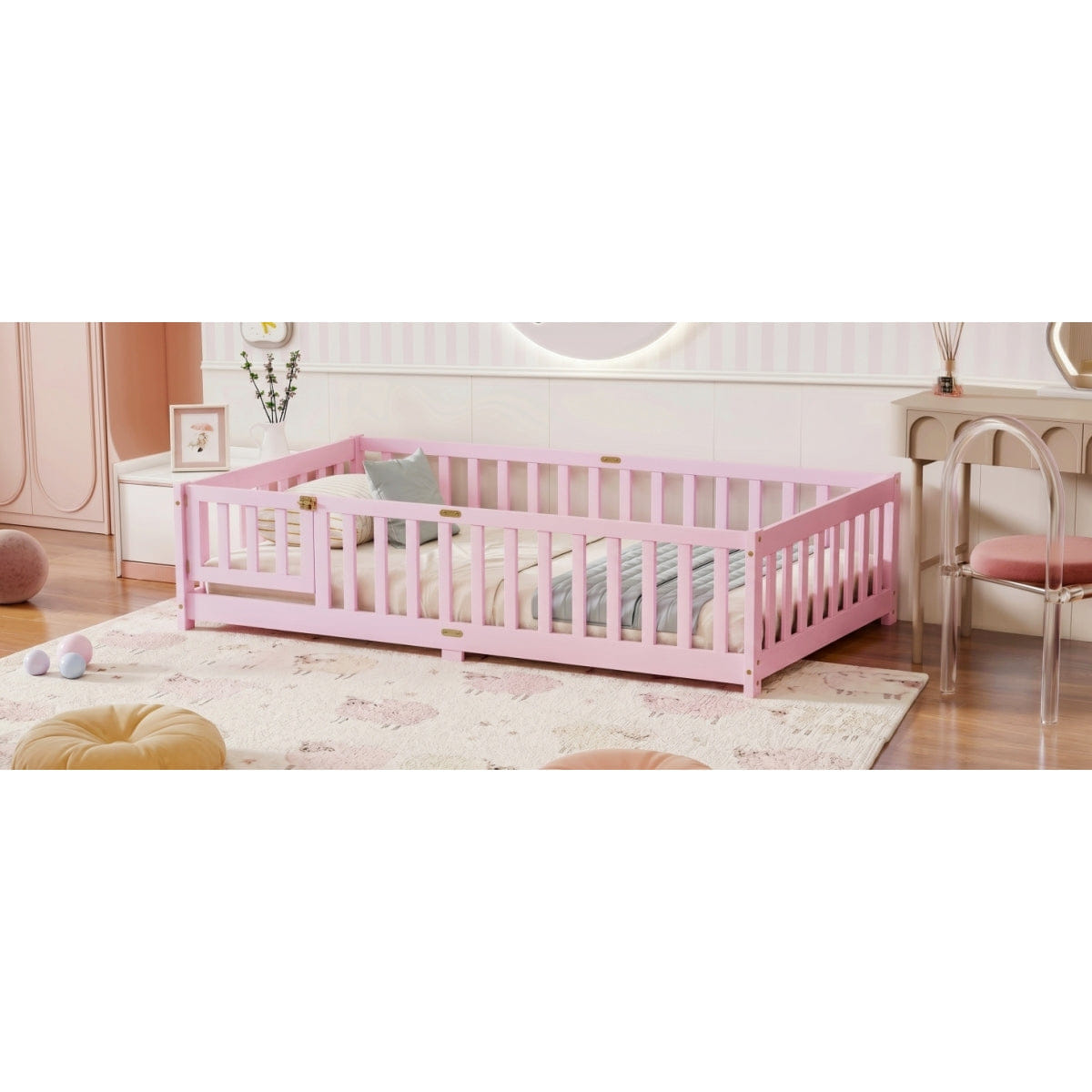 FLOOR Streamdale Twin Size Wood Floor Bed with Fence and Door, Pink