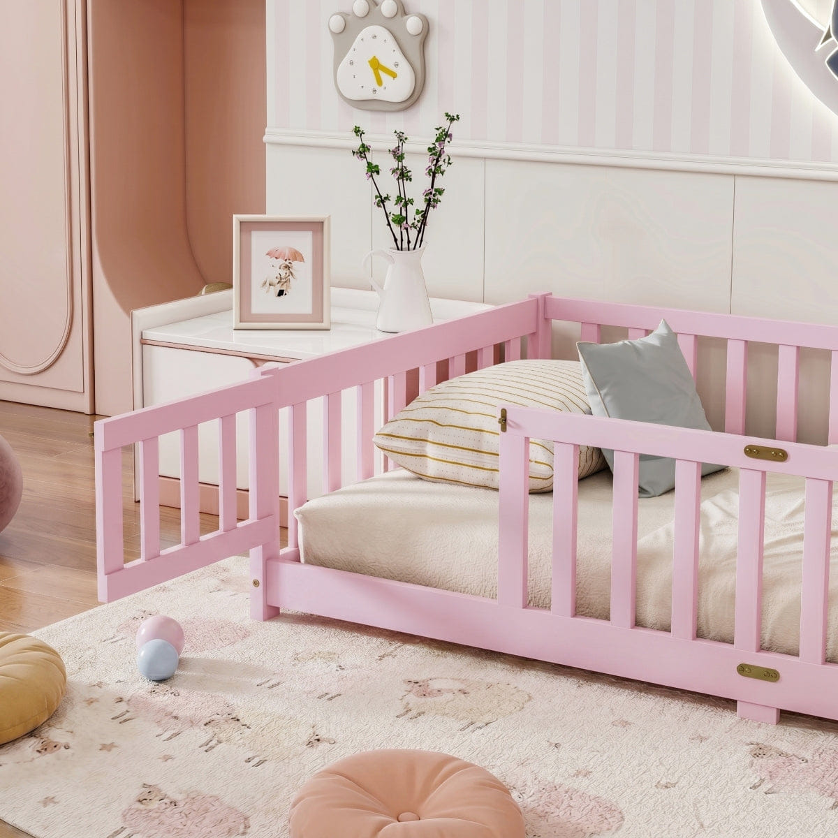FLOOR Streamdale Twin Size Wood Floor Bed with Fence and Door, Pink