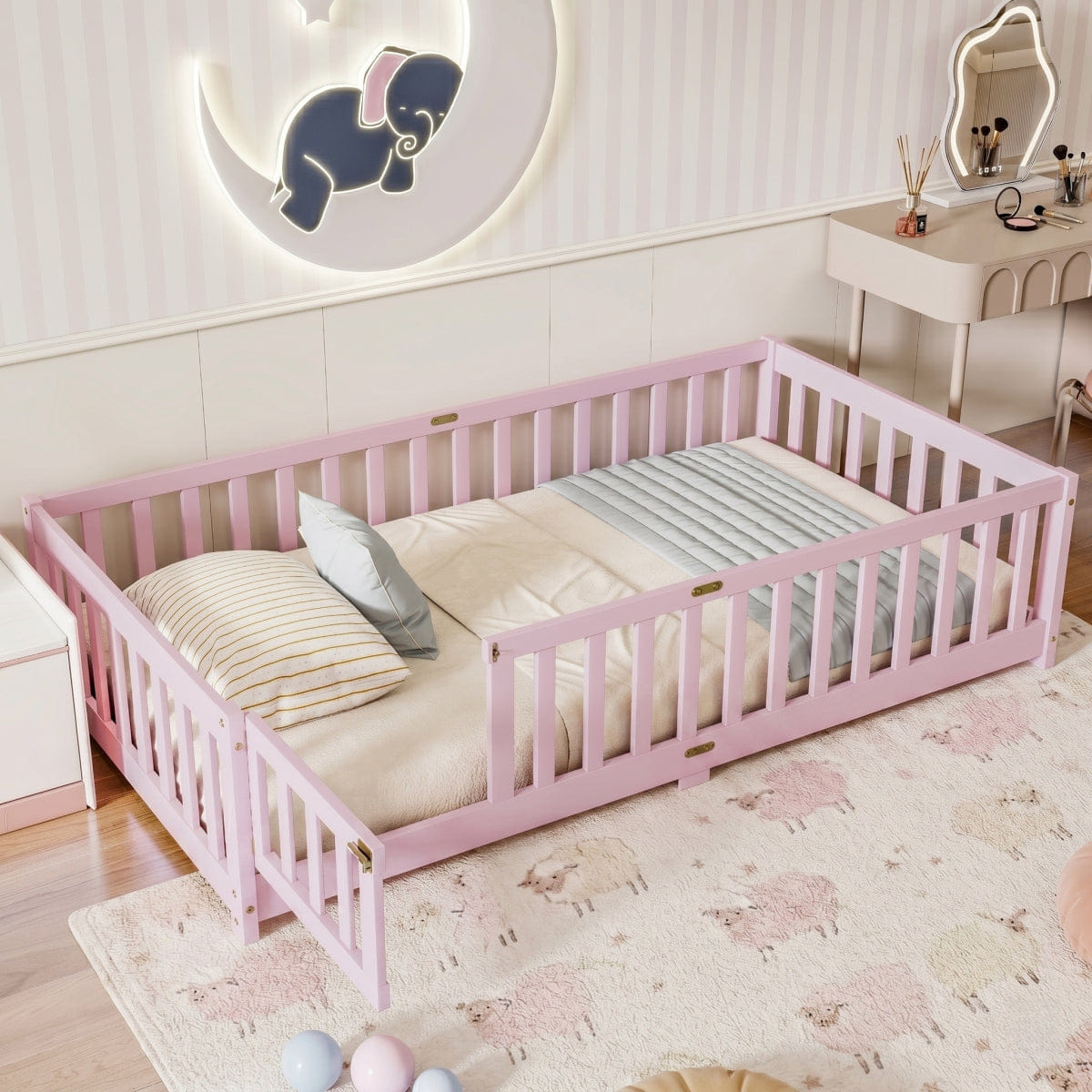 FLOOR Streamdale Twin Size Wood Floor Bed with Fence and Door, Pink