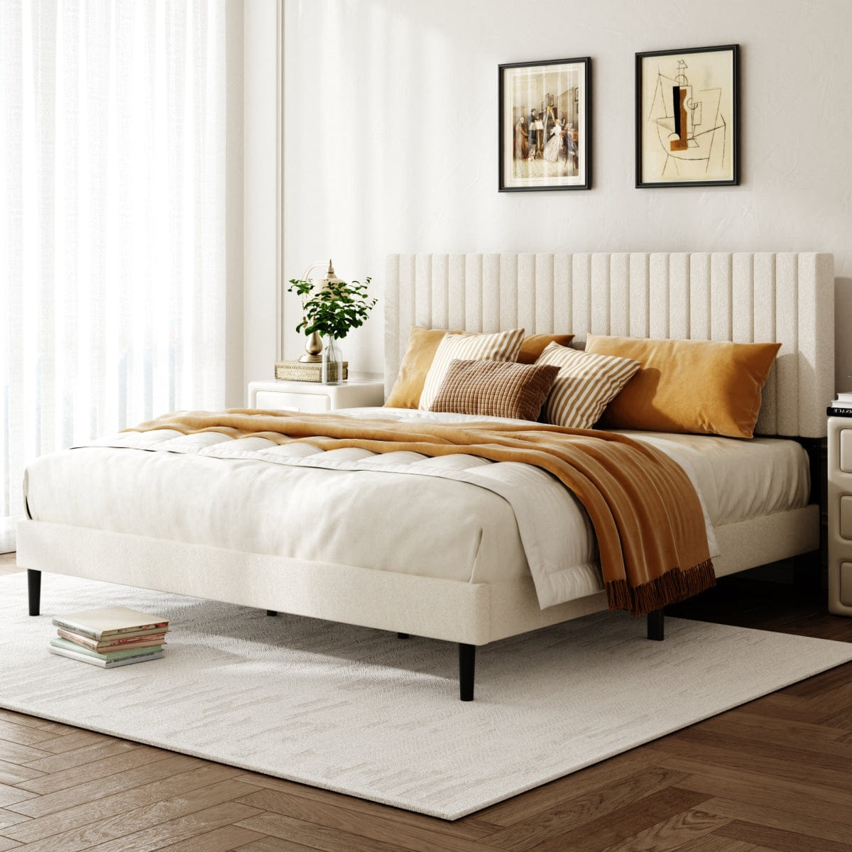 Velvet Streamdale King Size Velvet Upholstered Platform Bed with Adjustable Headboard, Beige