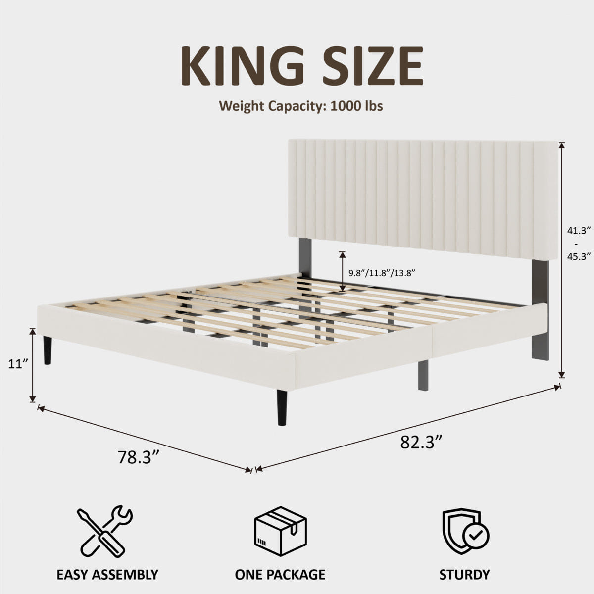 Velvet Streamdale King Size Velvet Upholstered Platform Bed with Adjustable Headboard, Beige