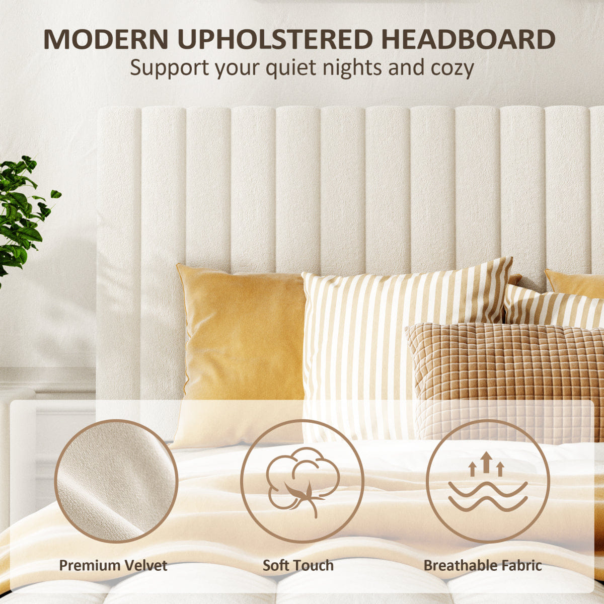Velvet Streamdale King Size Velvet Upholstered Platform Bed with Adjustable Headboard, Beige