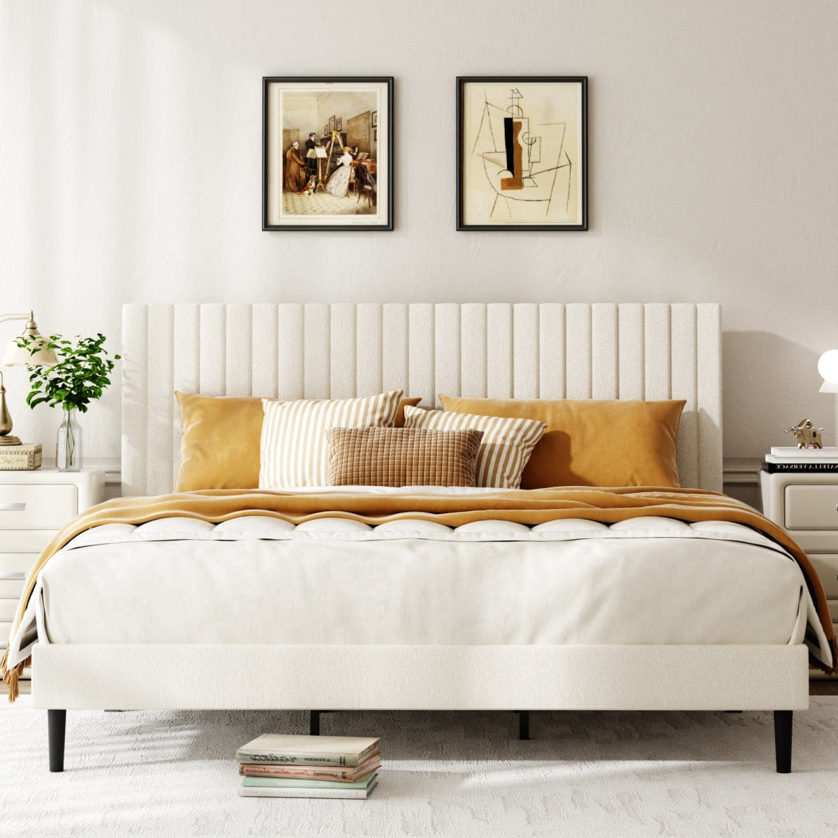 Velvet Streamdale King Size Velvet Upholstered Platform Bed with Adjustable Headboard, Beige
