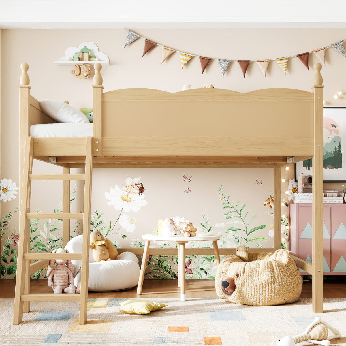 !SOLID Streamdale Full Size Solid Wood Loft Bed with Ladders and Under - Bed Space, Natural