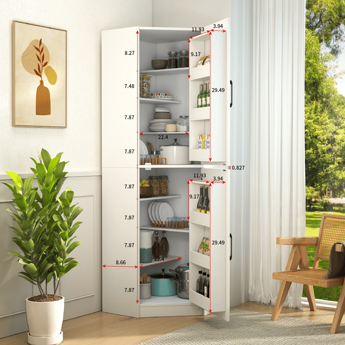 CORNER Streamdale White Corner Kitchen Pantry Cabinet, 70.8", Tall Freestanding L - Shaped Storage