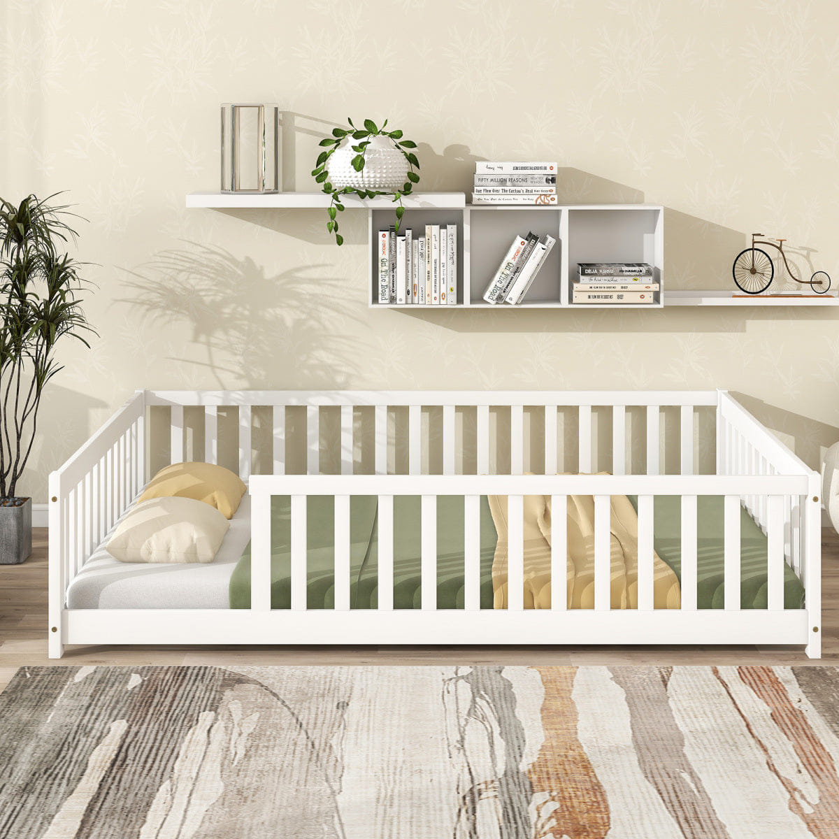 FLOOR Streamdale Full Size Wooden Floor Bed with Safety Guardrails, White