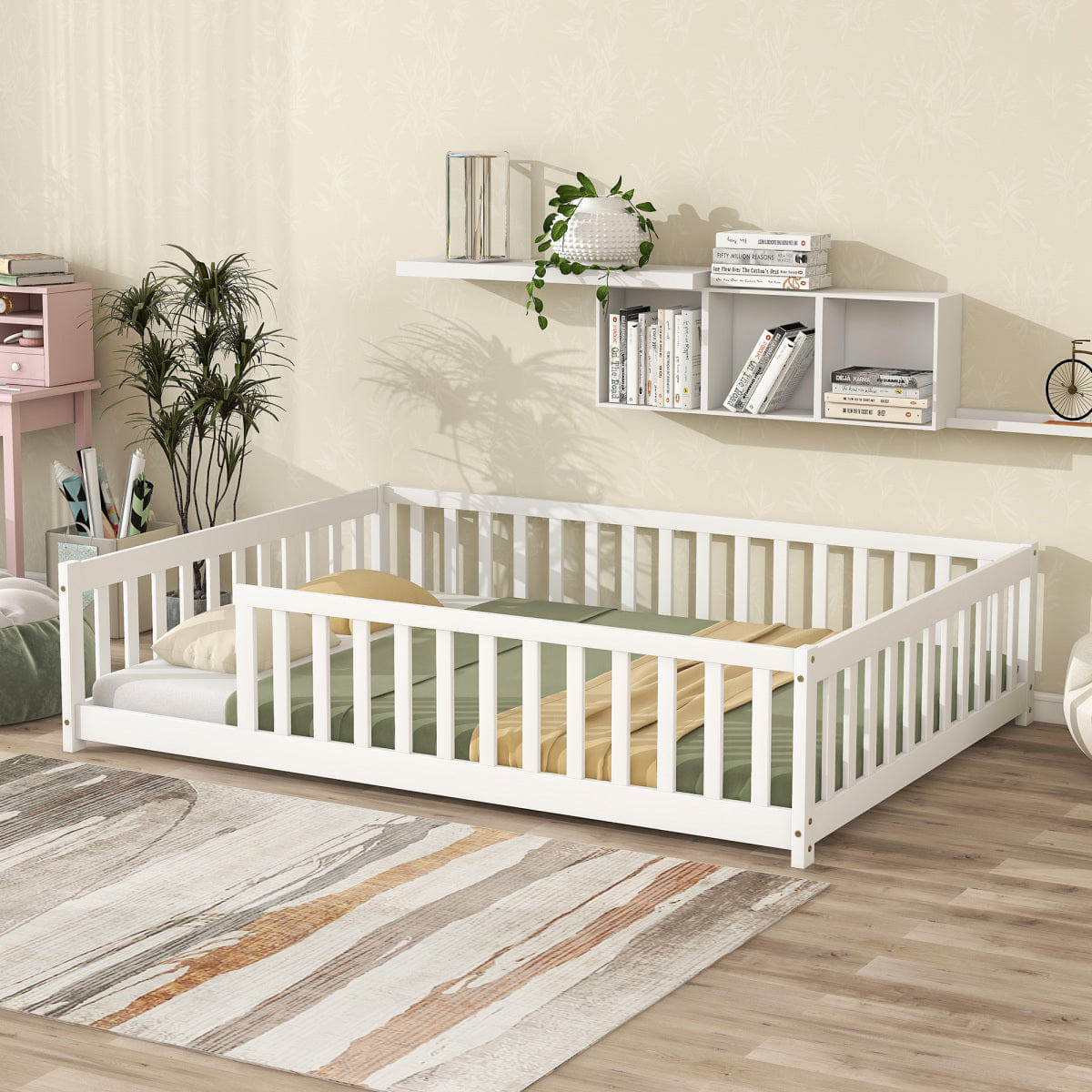 FLOOR Streamdale Full Size Wooden Floor Bed with Safety Guardrails, White