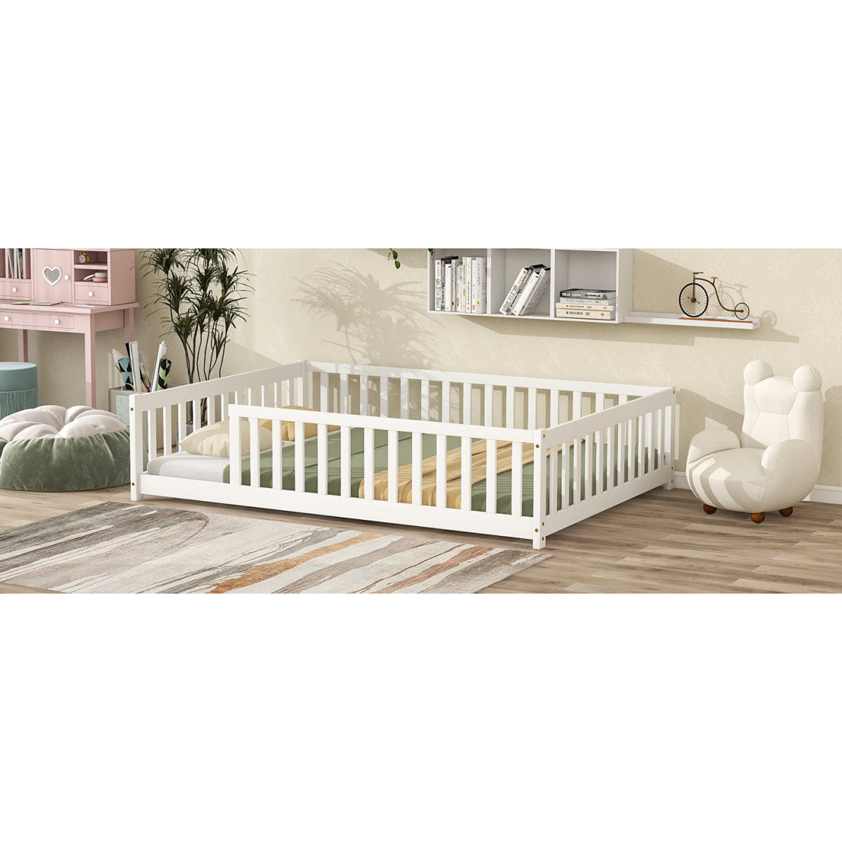 FLOOR Streamdale Full Size Wooden Floor Bed with Safety Guardrails, White