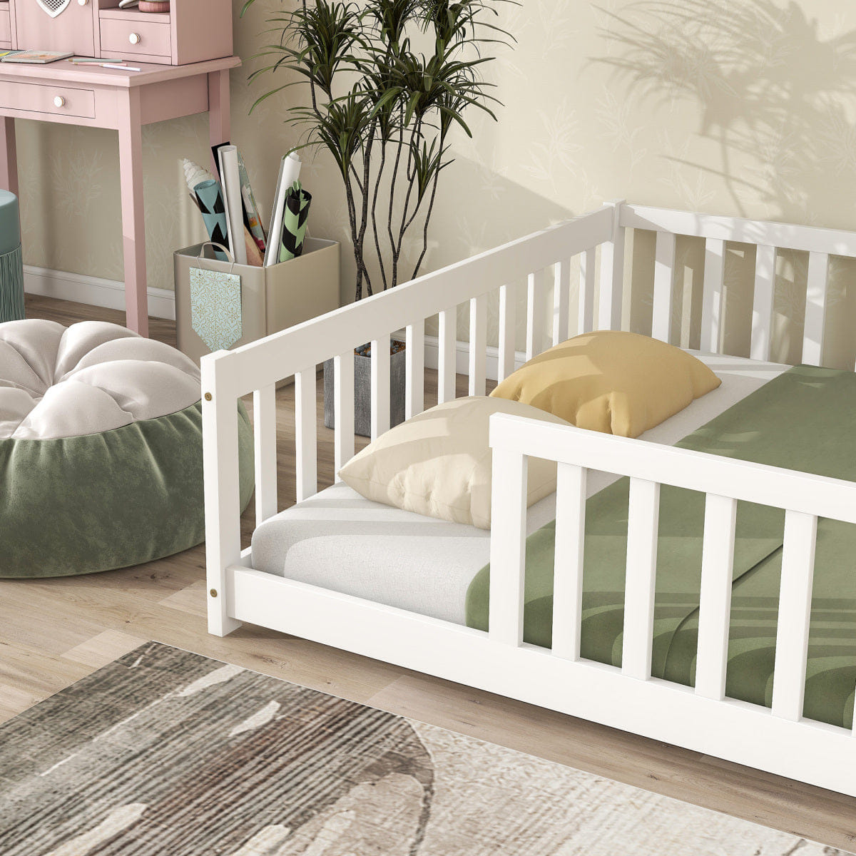 FLOOR Streamdale Full Size Wooden Floor Bed with Safety Guardrails, White