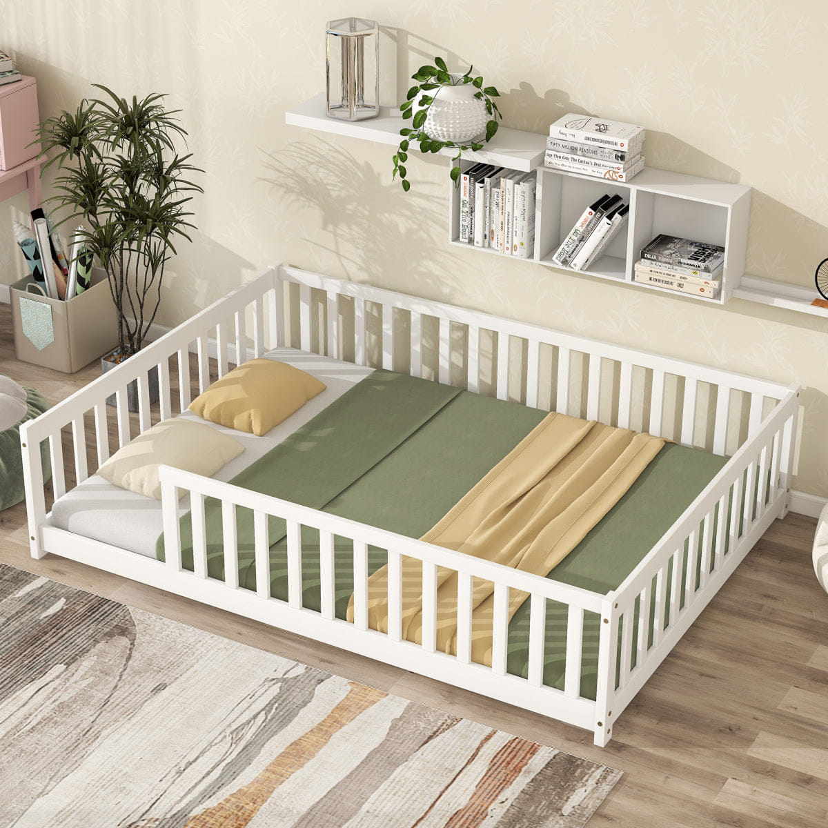 FLOOR Streamdale Full Size Wooden Floor Bed with Safety Guardrails, White