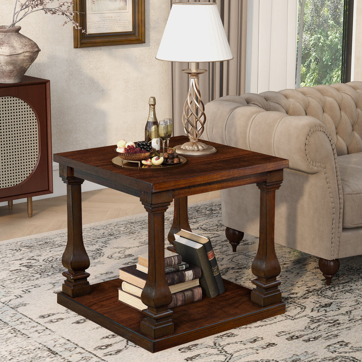 WOOD Streamdale 24.8" Farmhouse Wood End Table with Storage Shelf, Walnut