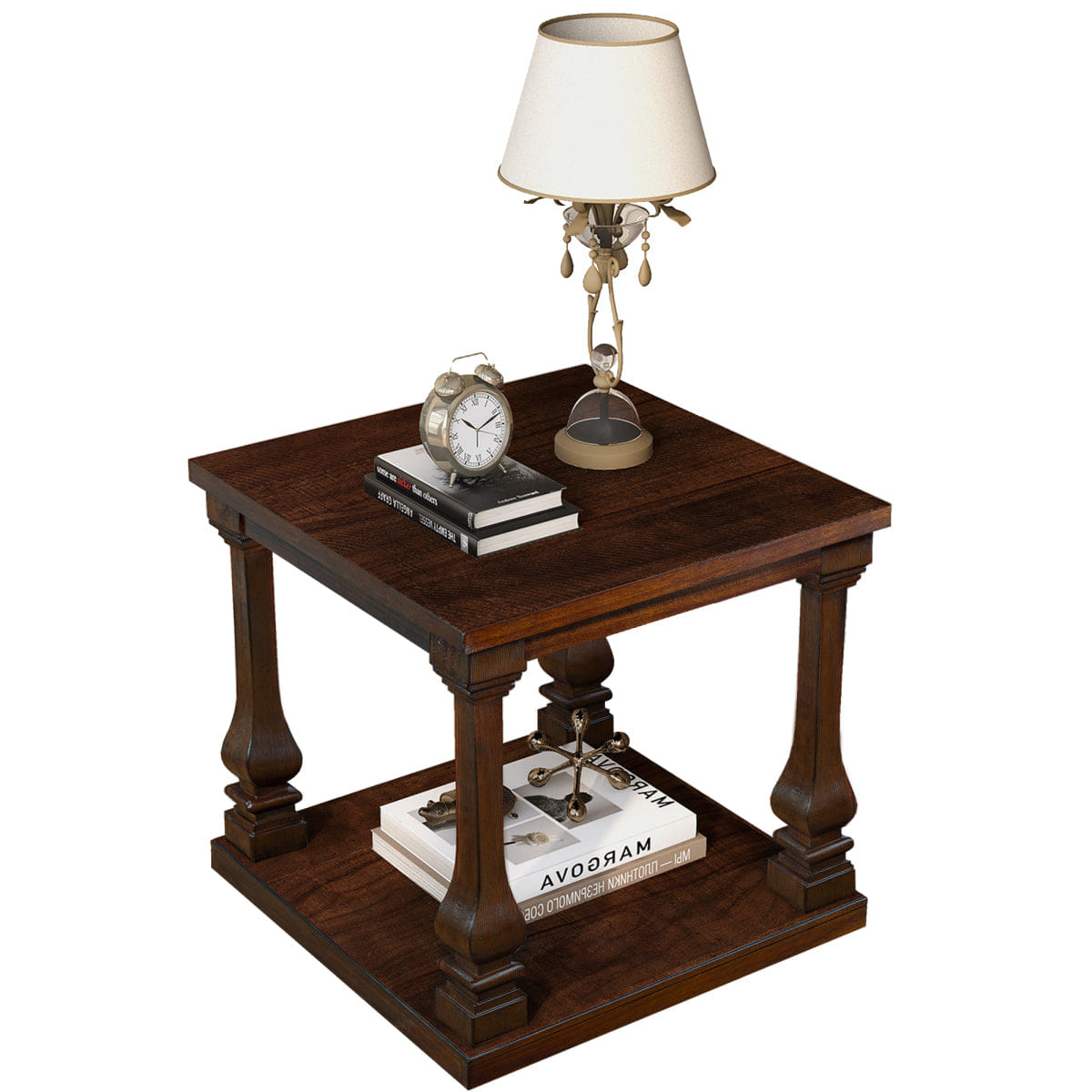 WOOD Streamdale 24.8" Farmhouse Wood End Table with Storage Shelf, Walnut