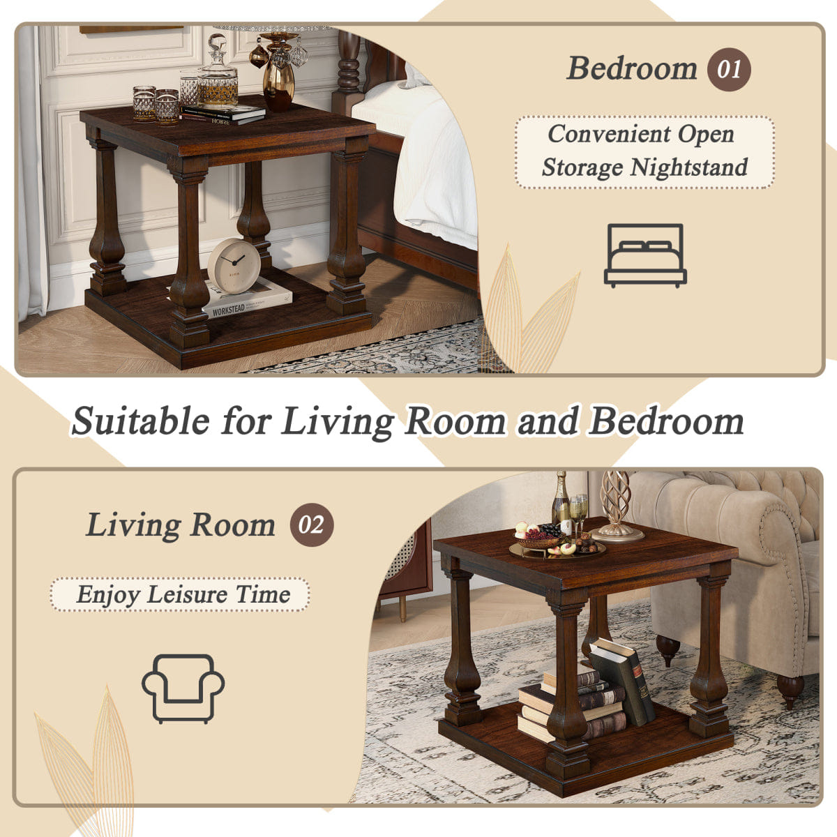 WOOD Streamdale 24.8" Farmhouse Wood End Table with Storage Shelf, Walnut