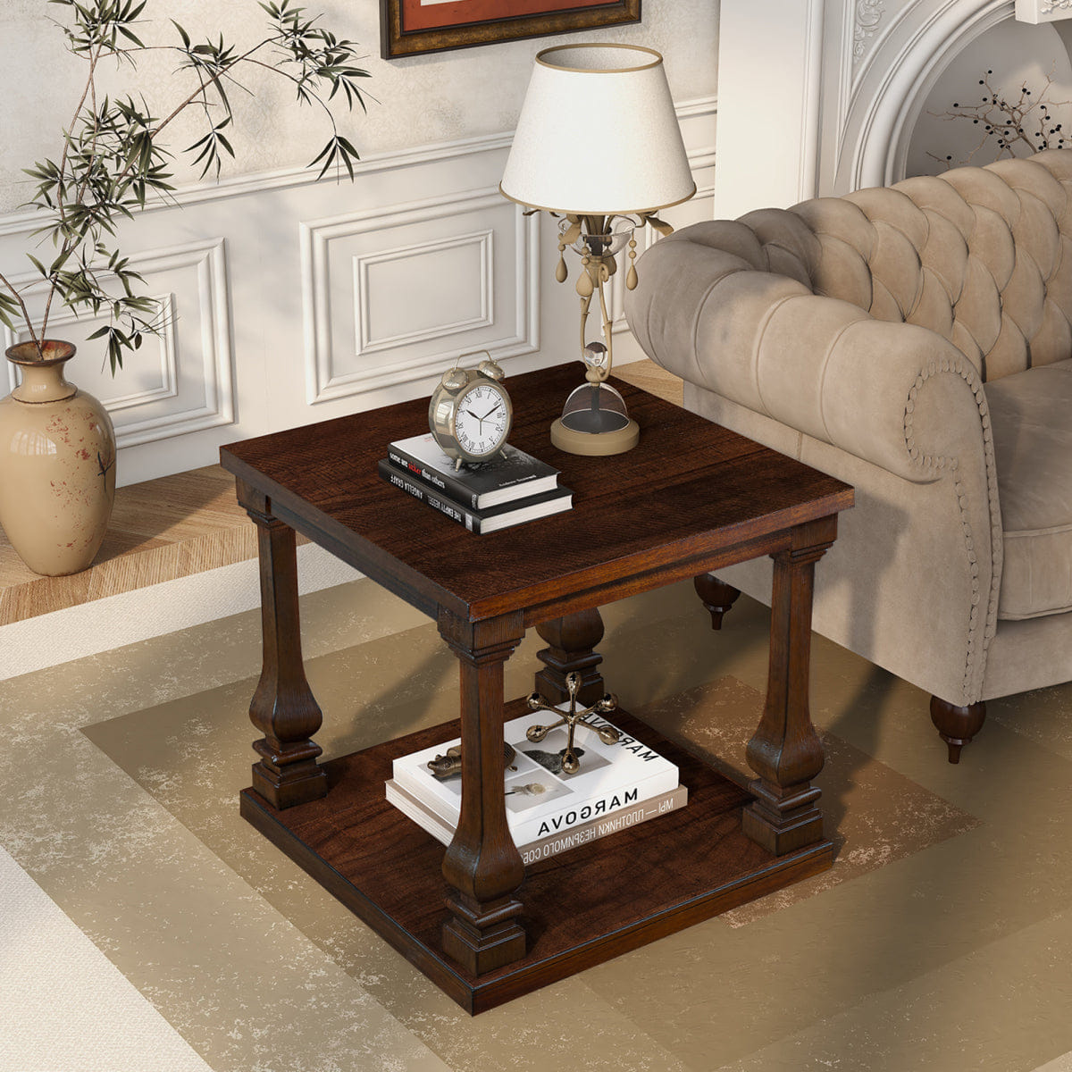 WOOD Streamdale 24.8" Farmhouse Wood End Table with Storage Shelf, Walnut