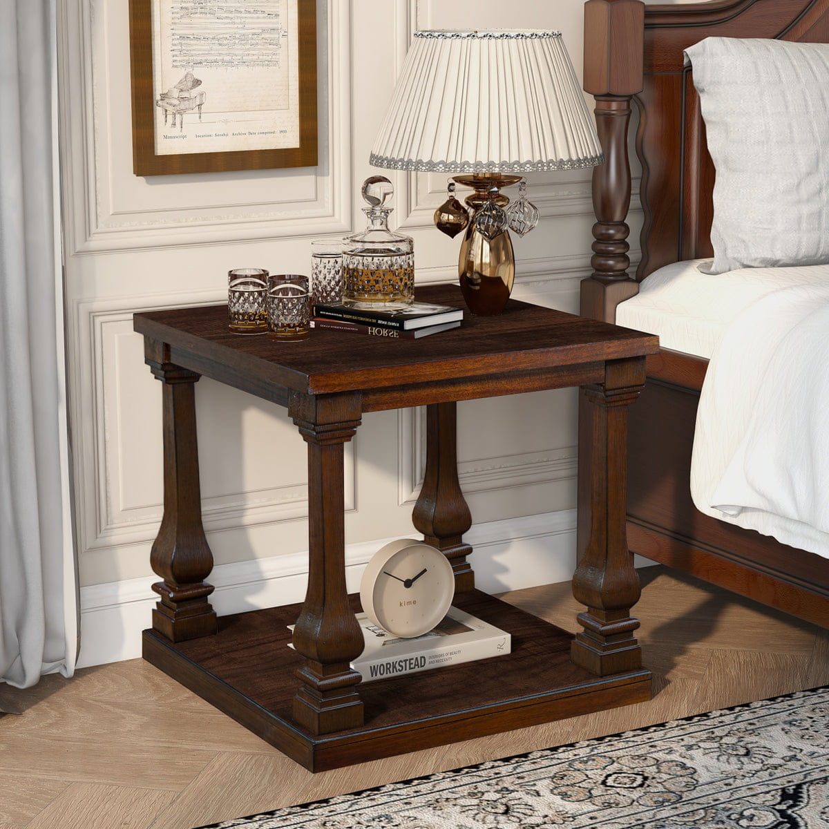 WOOD Streamdale 24.8" Farmhouse Wood End Table with Storage Shelf, Walnut