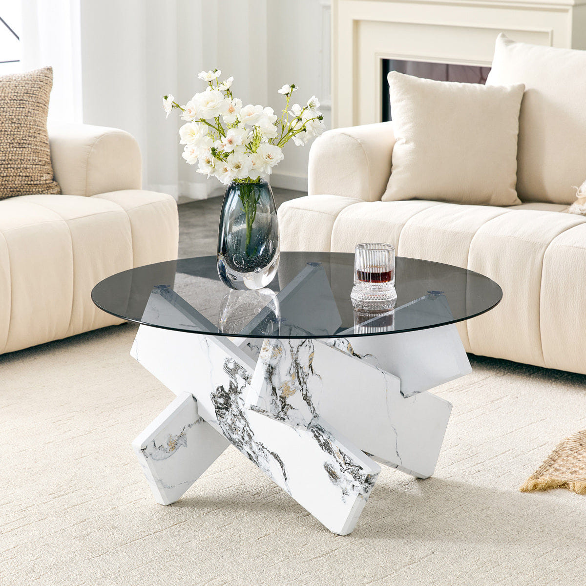 CROSS Streamdale Artistic Cross X - Shaped Tempered Glass & Marble Coffee Table