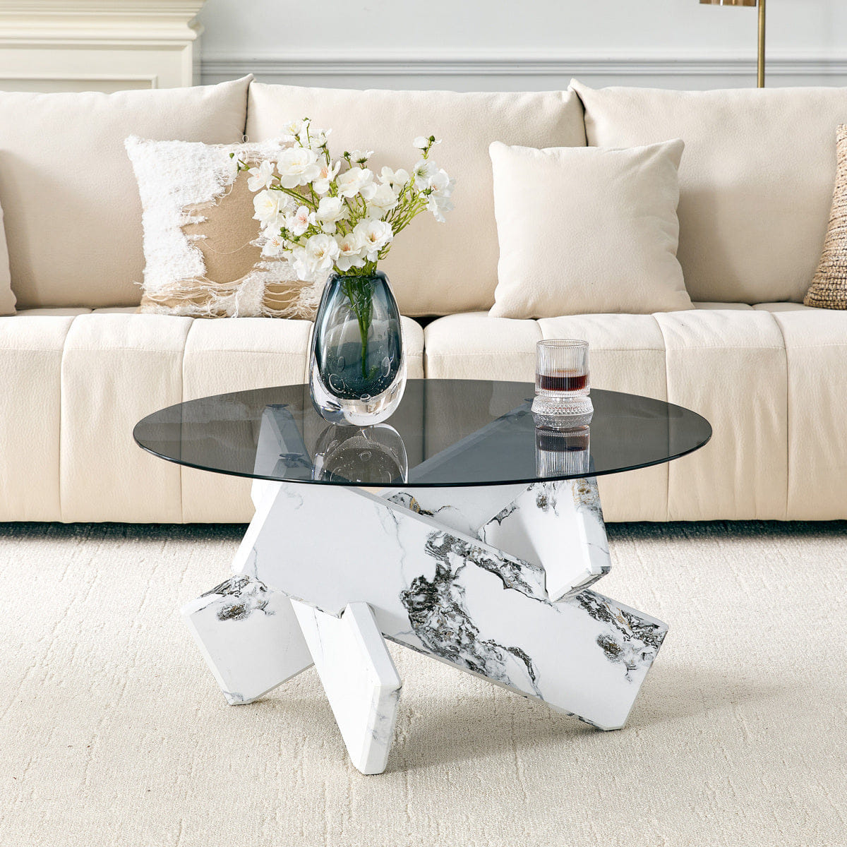 CROSS Streamdale Artistic Cross X - Shaped Tempered Glass & Marble Coffee Table