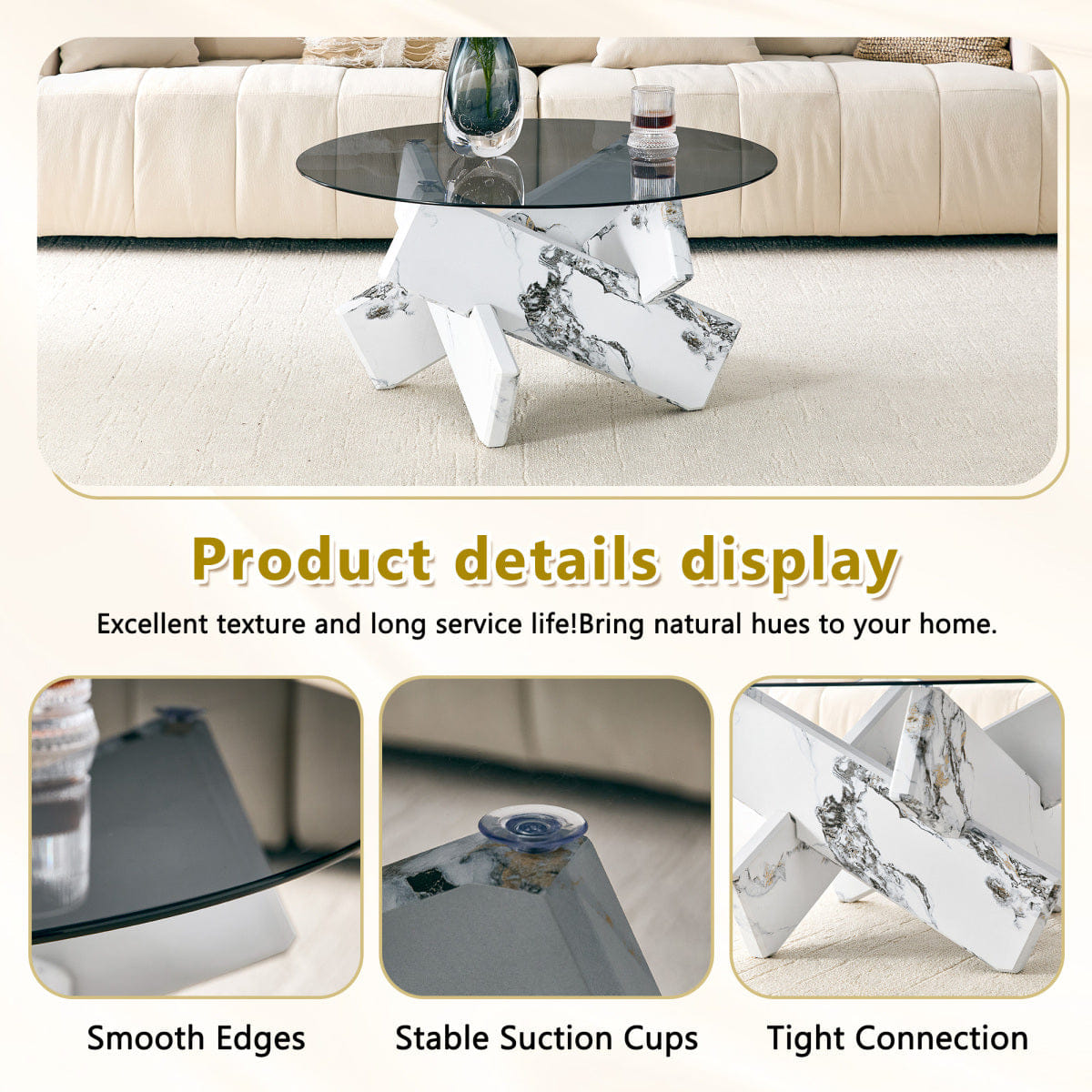 CROSS Streamdale Artistic Cross X - Shaped Tempered Glass & Marble Coffee Table