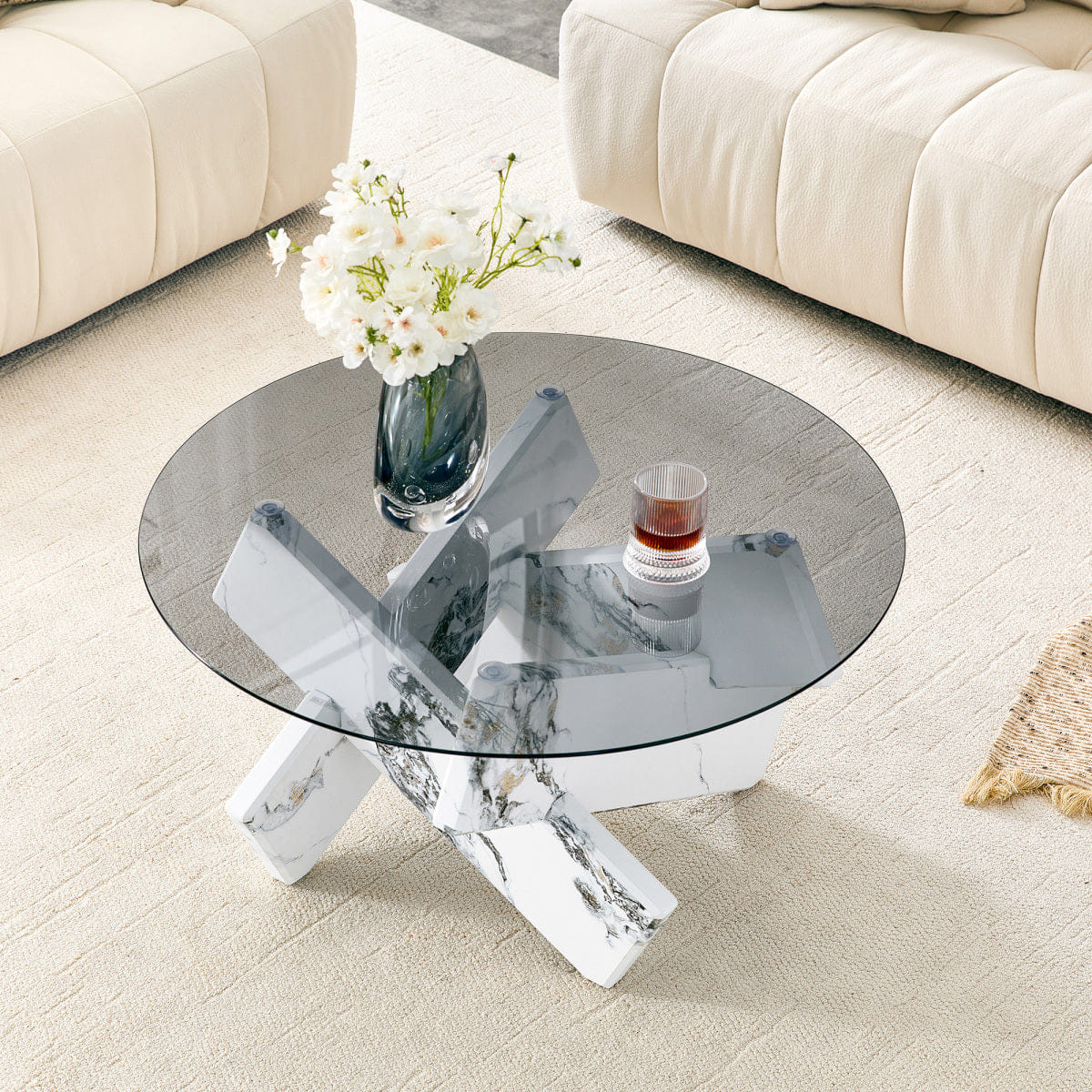 CROSS Streamdale Artistic Cross X - Shaped Tempered Glass & Marble Coffee Table