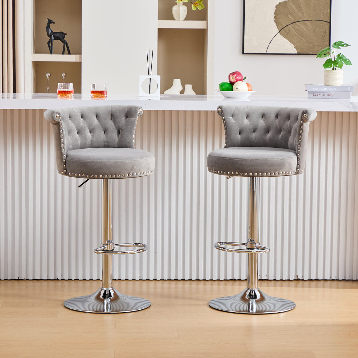 Velvet Streamdale Velvet Swivel Bar Stools Set of 2 with Chrome Nailheads