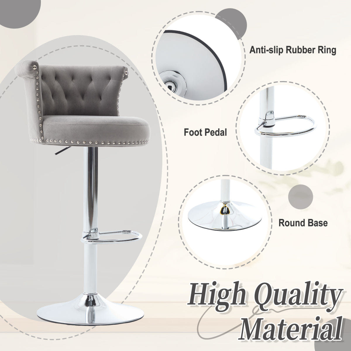 Velvet Streamdale Velvet Swivel Bar Stools Set of 2 with Chrome Nailheads
